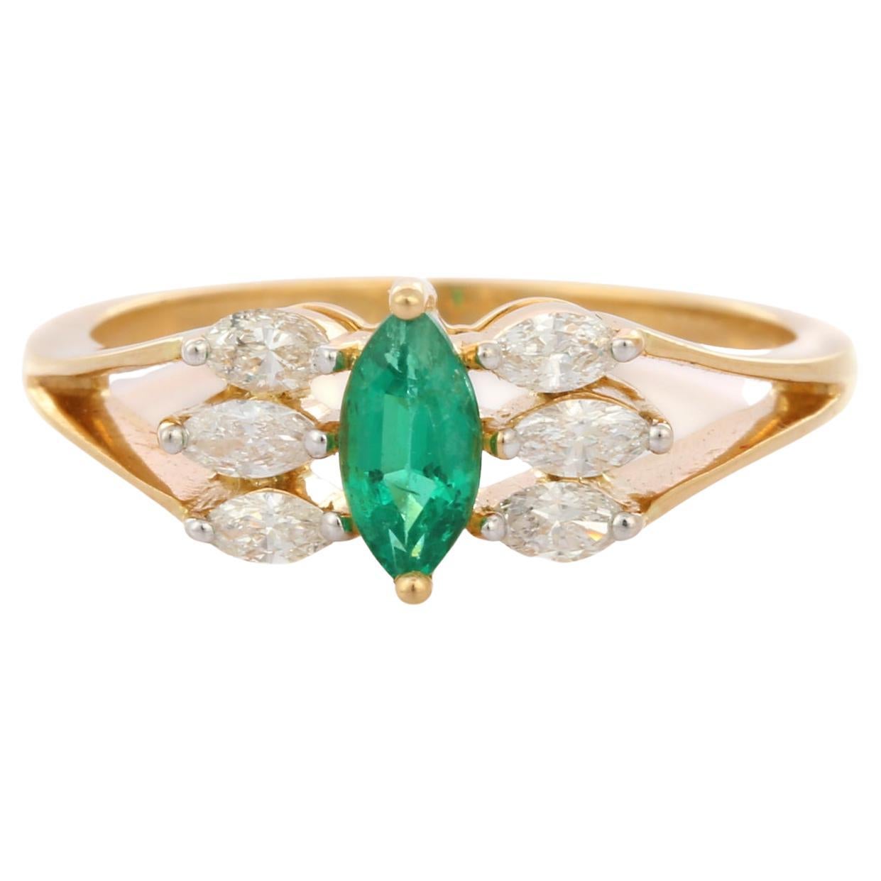Designer-Verlobungsring aus 18 Karat massivem Gelbgold mit Smaragd und Diamant
