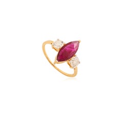 Natural Marquise Cut Ruby & Diamond Three Stone Ring in 14K Yellow Gold 1.29 CTW