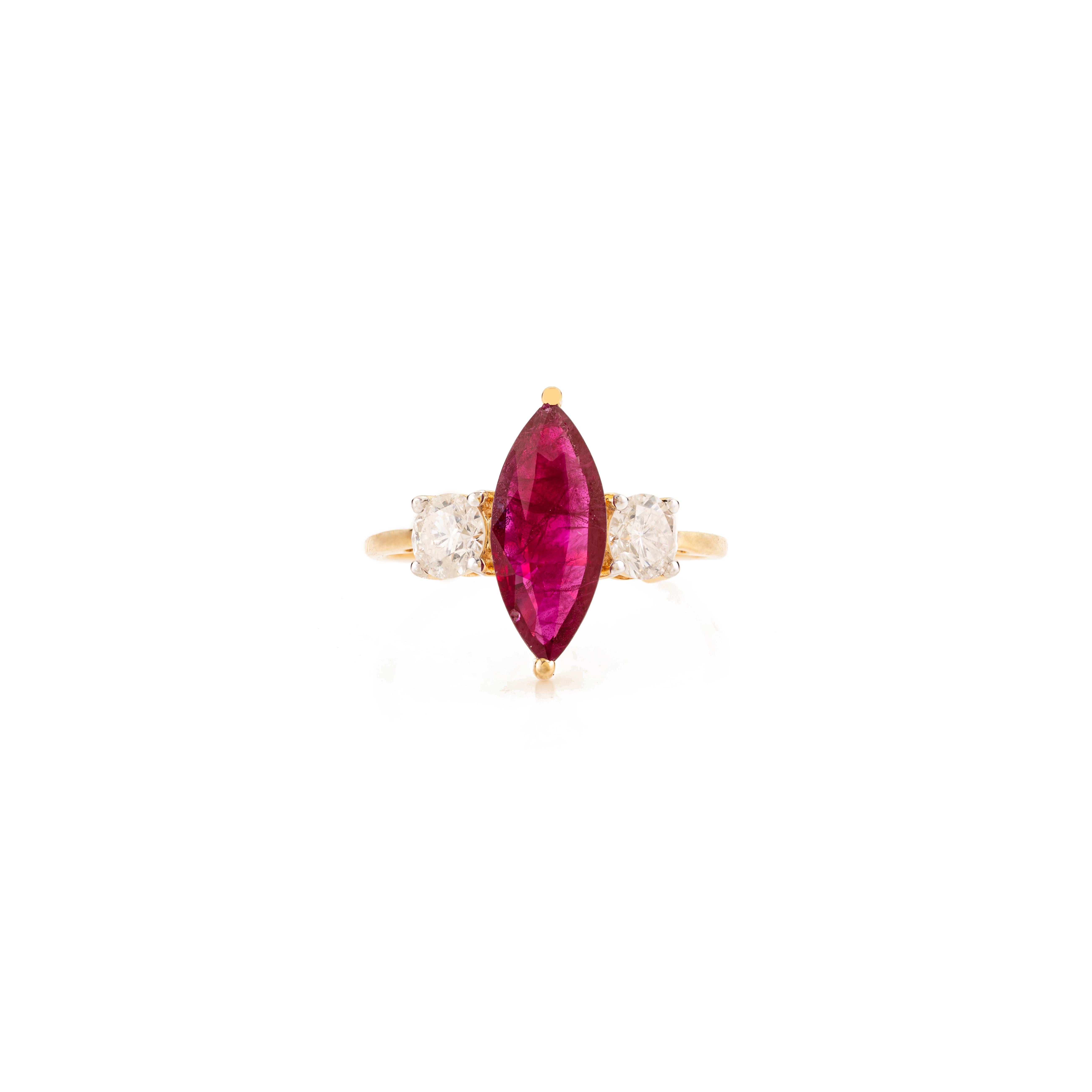 Natural Marquise Cut Ruby & Diamond Three Stone Ring in 14K Yellow Gold 1.29 CTW