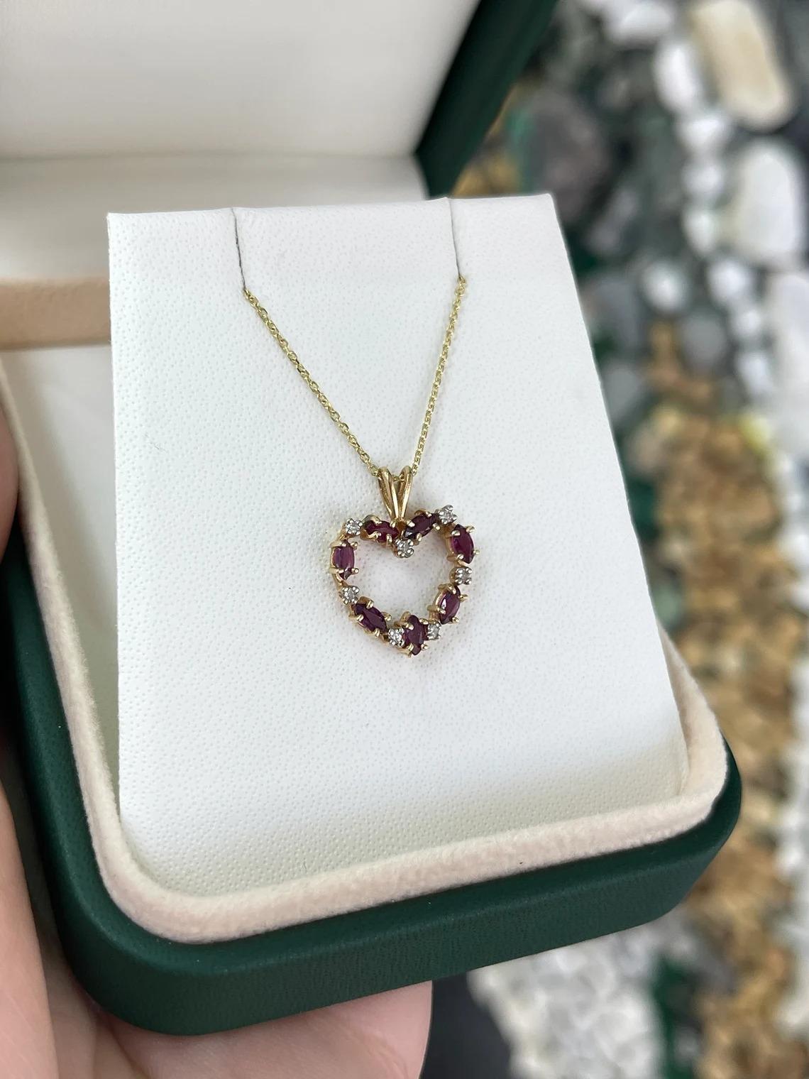 Art Deco Natural Marquise Cut Ruby & Round Diamond Accent Heart Shaped Pendant Necklace For Sale