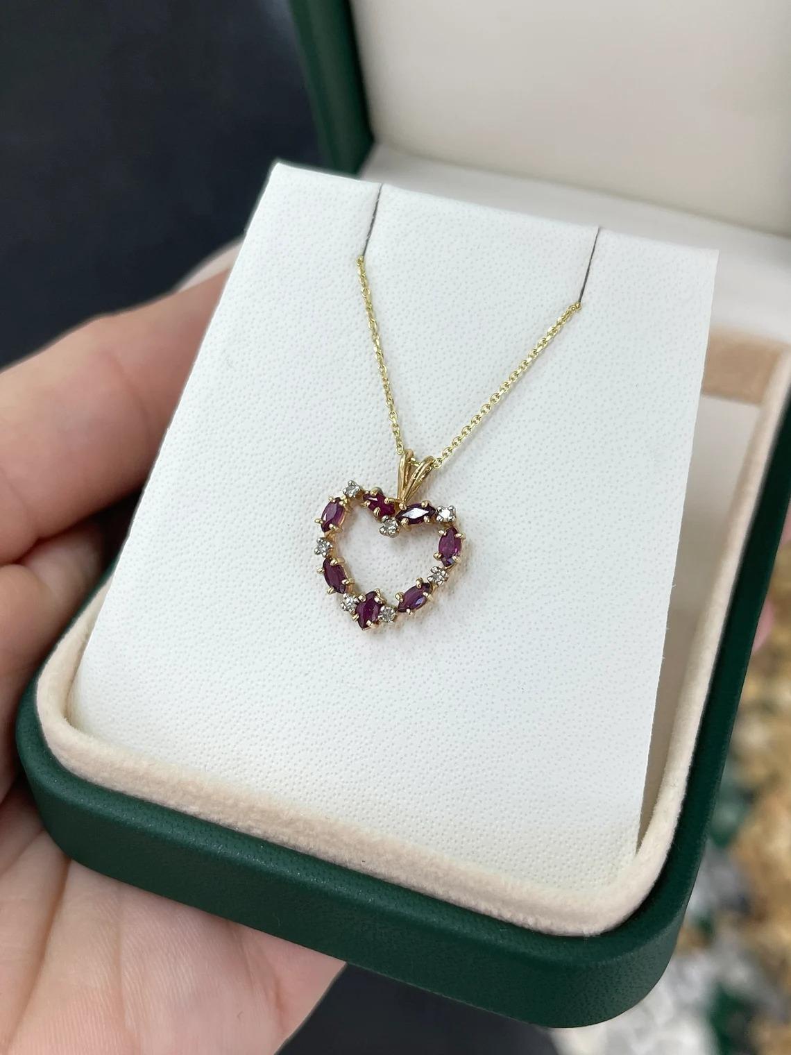 Natural Marquise Cut Ruby & Round Diamond Accent Heart Shaped Pendant Necklace In New Condition For Sale In Jupiter, FL