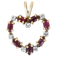 Natural Marquise Cut Ruby & Round Diamond Accent Heart Shaped Pendant Necklace