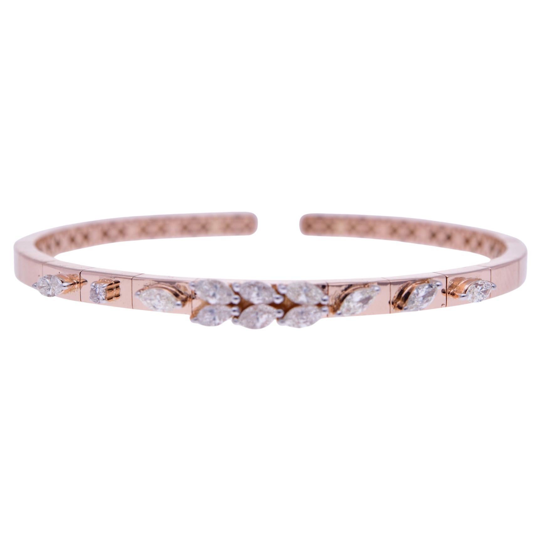 Bracelet manchette en or jaune 14 carats avec diamants marquises naturels, bijouterie fine