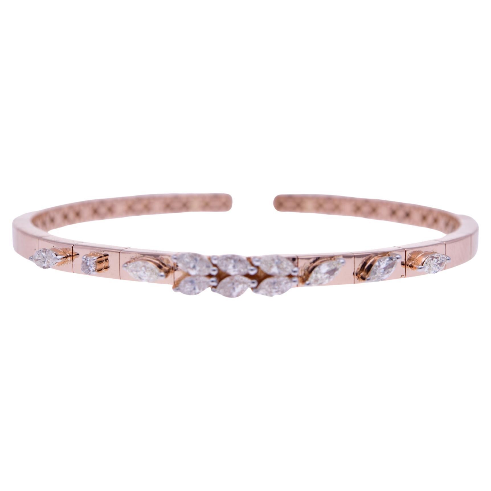 Natural Marquise Diamond Cuff Bangle Bracelet 18 Karat Yellow Gold Fine Jewelry For Sale
