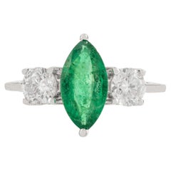 Natural Marquise Emerald & Diamond Three-Stone Engagement Ring in 14K White Gold Natural Marquise Emerald & Diamond Three-Stone Engagement Ring in 14K White Gold