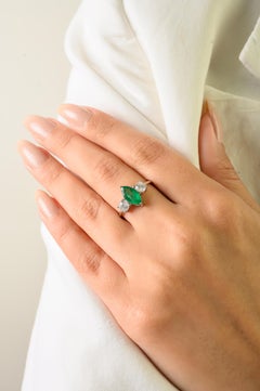 Natural Marquise Emerald & Diamond Three-Stone Engagement Ring in 18K White Gold
