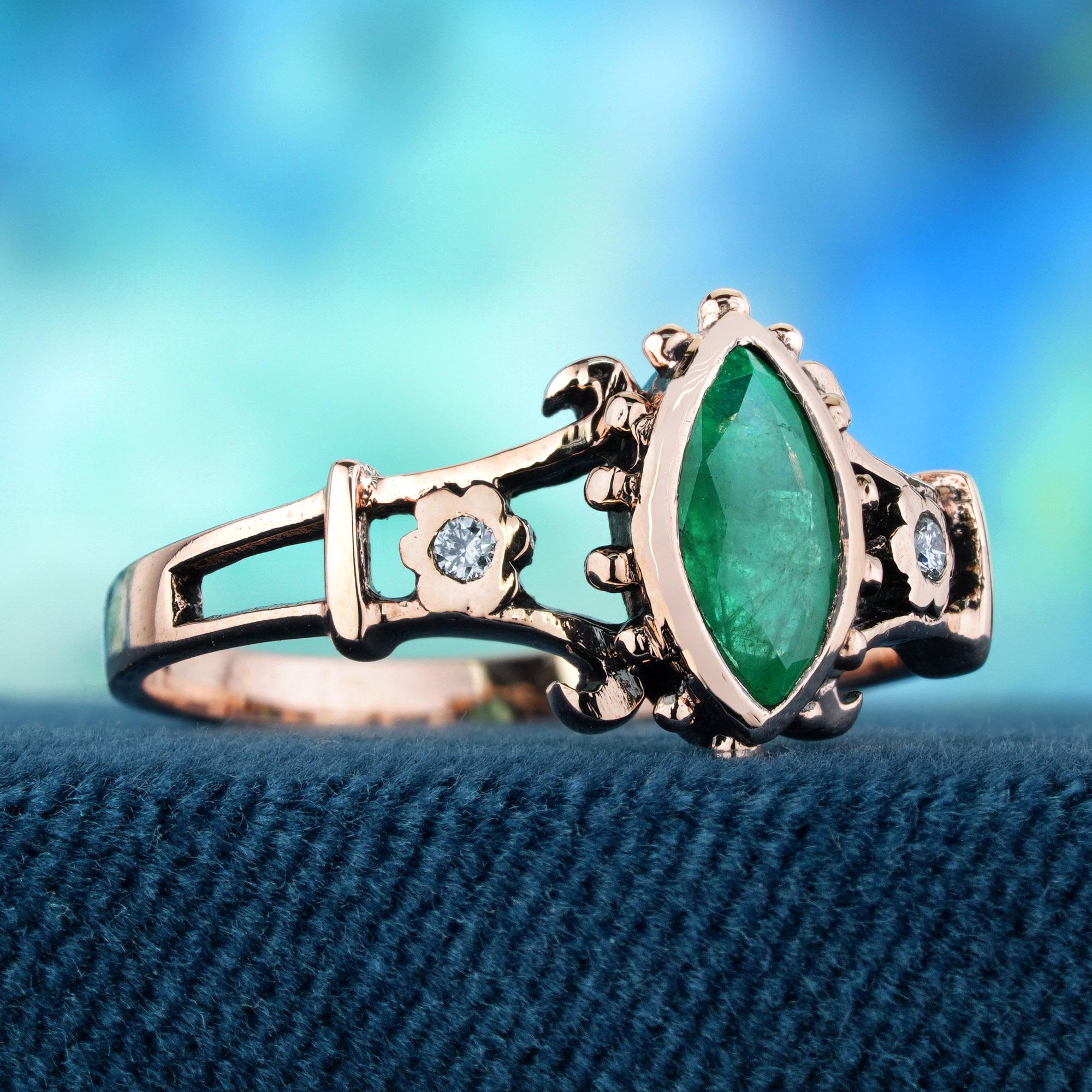 Edwardian Natural Marquise Emerald Diamond Vintage Style Ring in Solid 9K Rose Gold For Sale