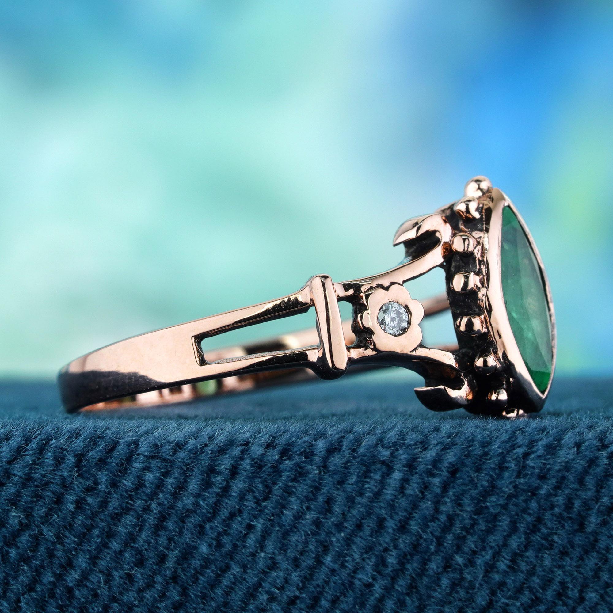 Marquise Cut Natural Marquise Emerald Diamond Vintage Style Ring in Solid 9K Rose Gold For Sale