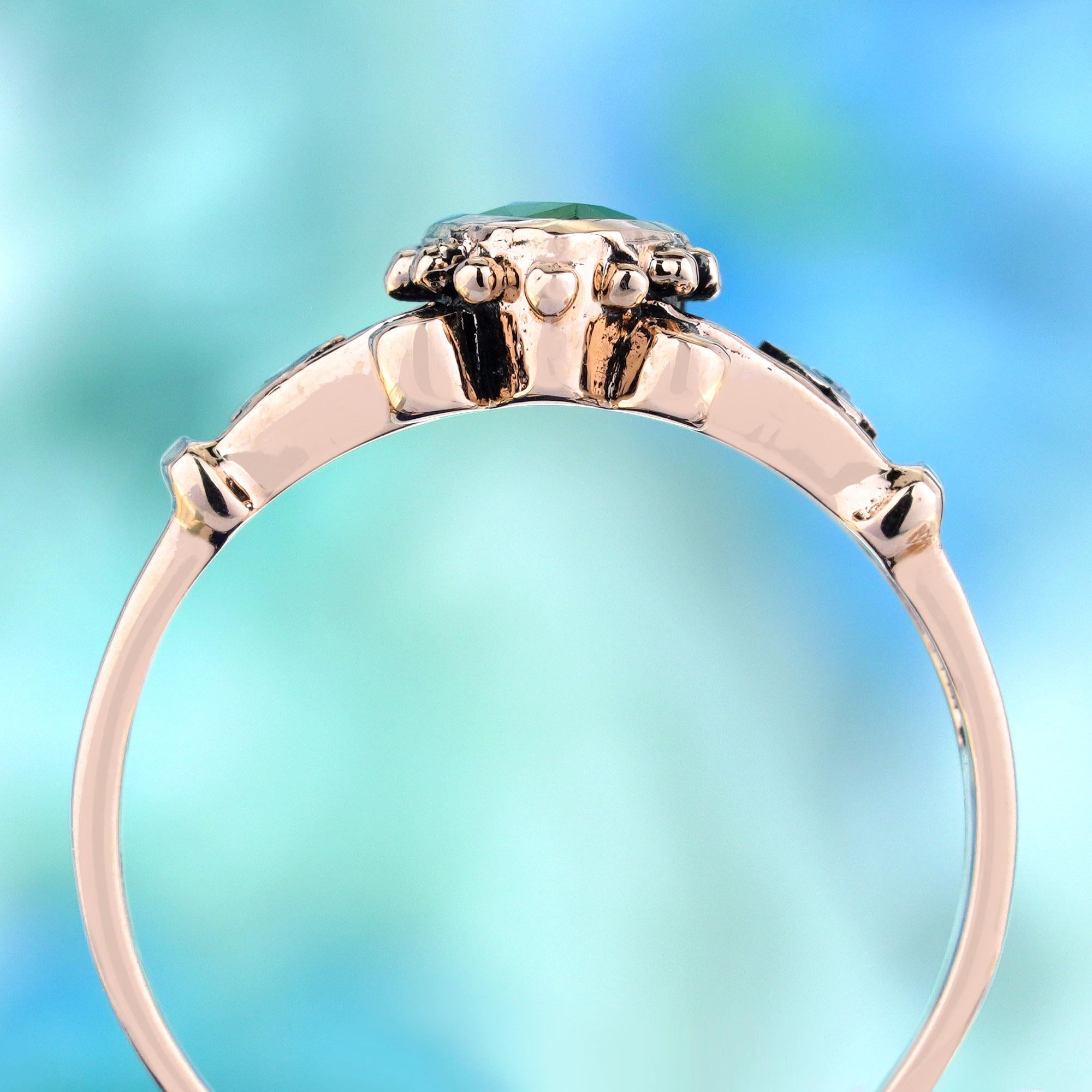 Natural Marquise Emerald Diamond Vintage Style Ring in Solid 9K Rose Gold In New Condition For Sale In Bangkok, TH