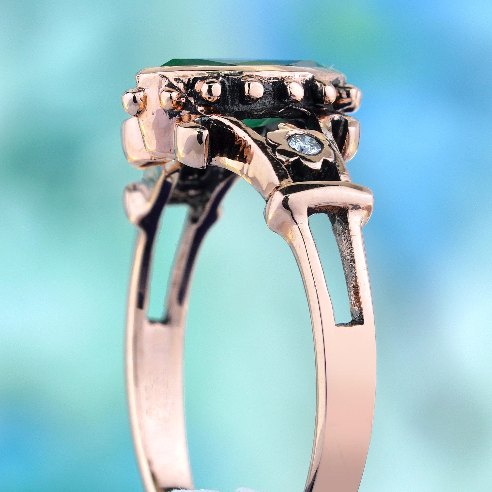 Women's Natural Marquise Emerald Diamond Vintage Style Ring in Solid 9K Rose Gold For Sale
