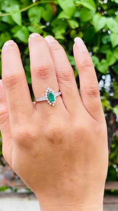 Natural Marquise Emerald Ring with Diamond Halo in 14k Solid White Gold