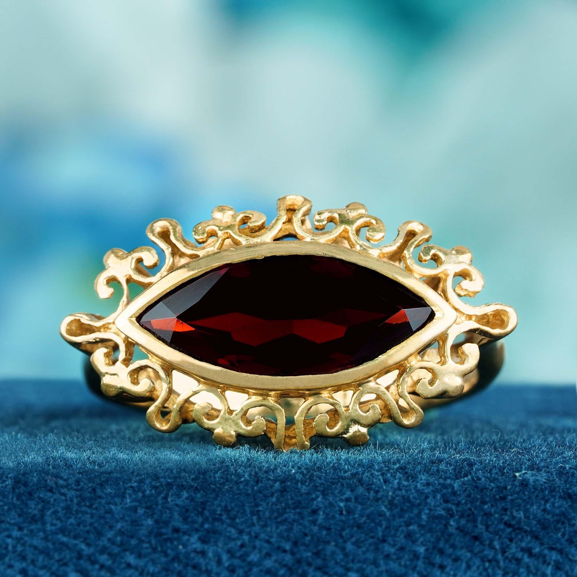 For Sale:  Natural Marquise Garnet Vintage Style Eye Ring in Solid 9K Yellow Gold 2