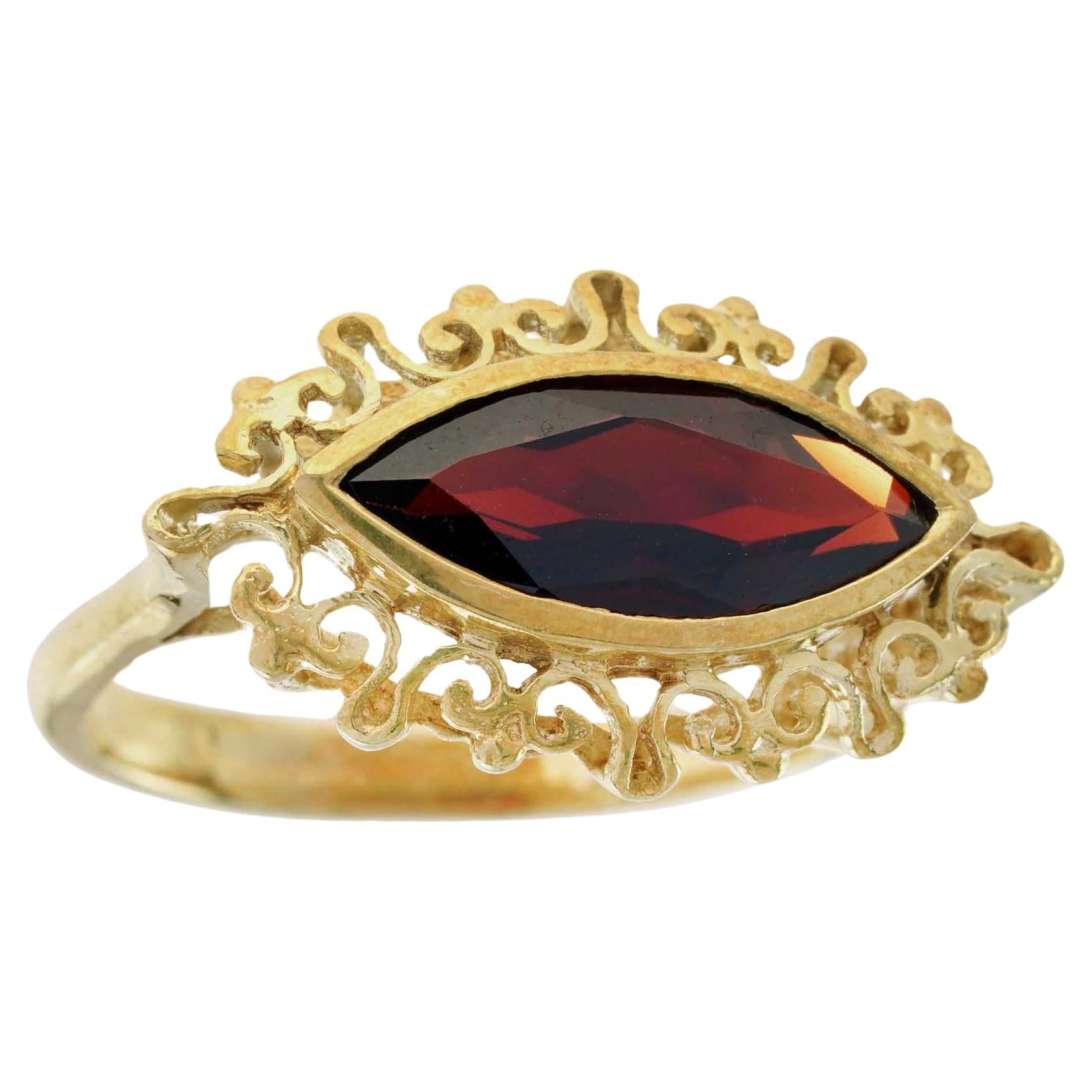 For Sale:  Natural Marquise Garnet Vintage Style Eye Ring in Solid 9K Yellow Gold