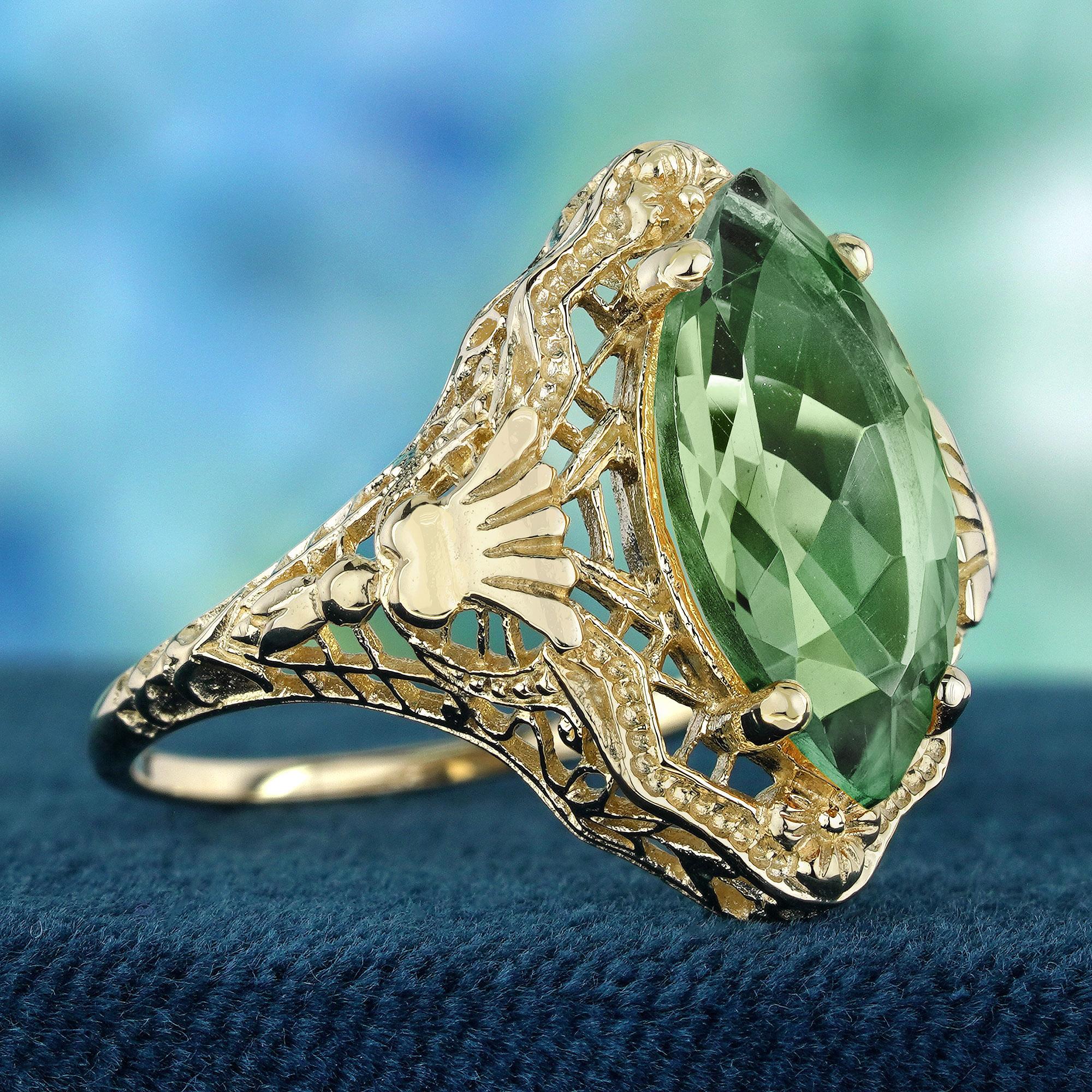 Edoardiano Anello in filigrana stile vintage con ametista verde marquise naturale in oro massiccio 9 carati in vendita
