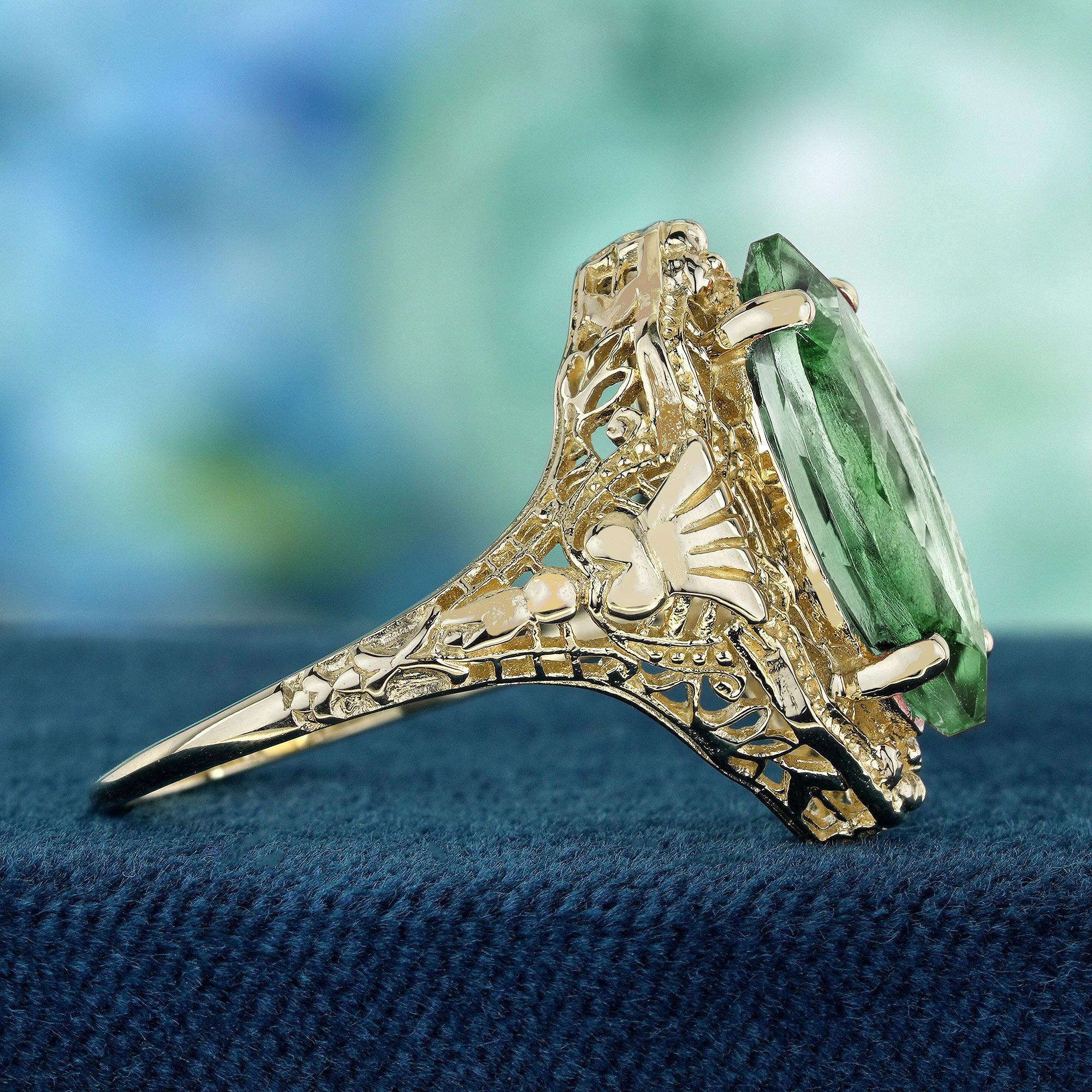 Taglio marquise Anello in filigrana stile vintage con ametista verde marquise naturale in oro massiccio 9 carati in vendita