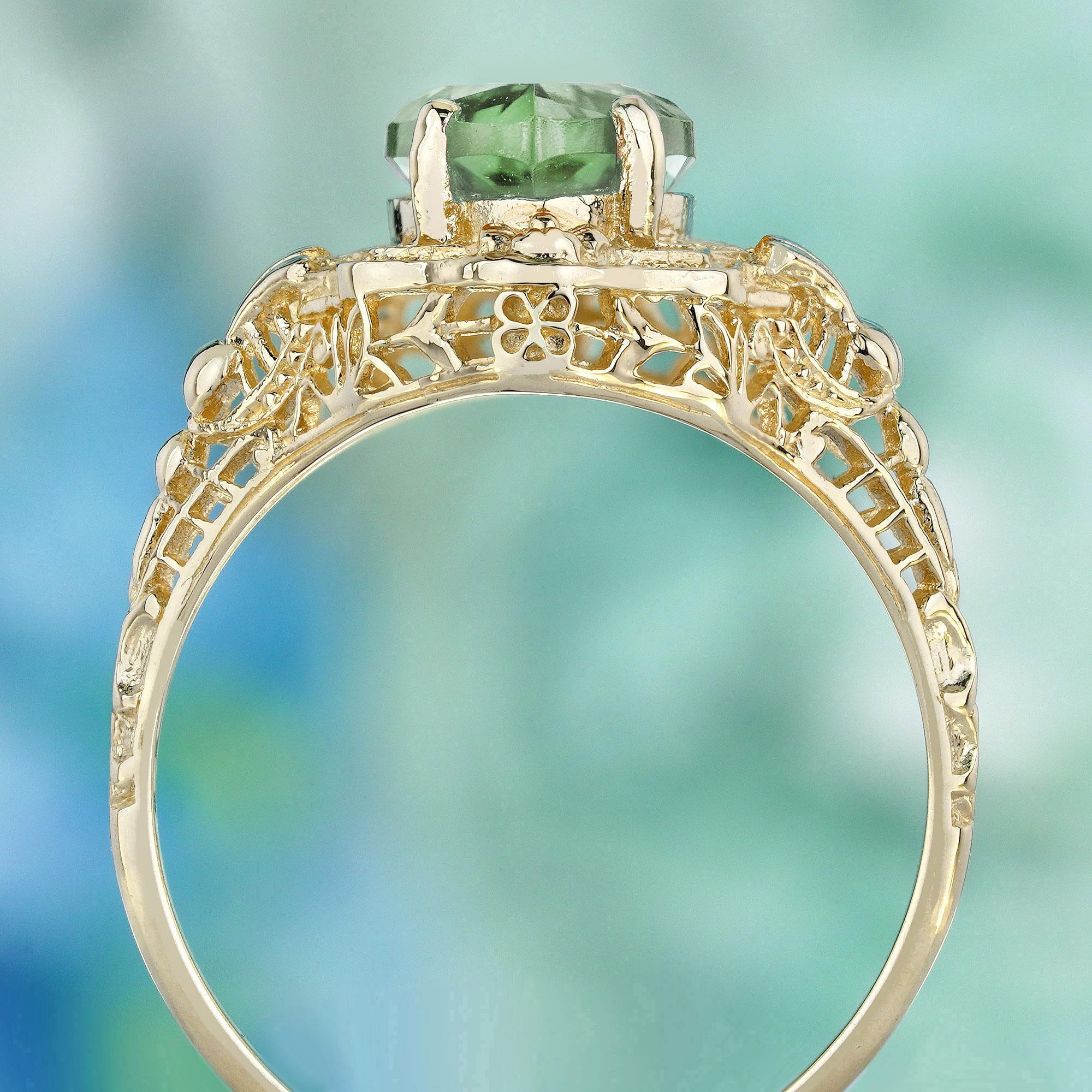 Anello in filigrana stile vintage con ametista verde marquise naturale in oro massiccio 9 carati In condizioni Nuovo in vendita a Bangkok, TH