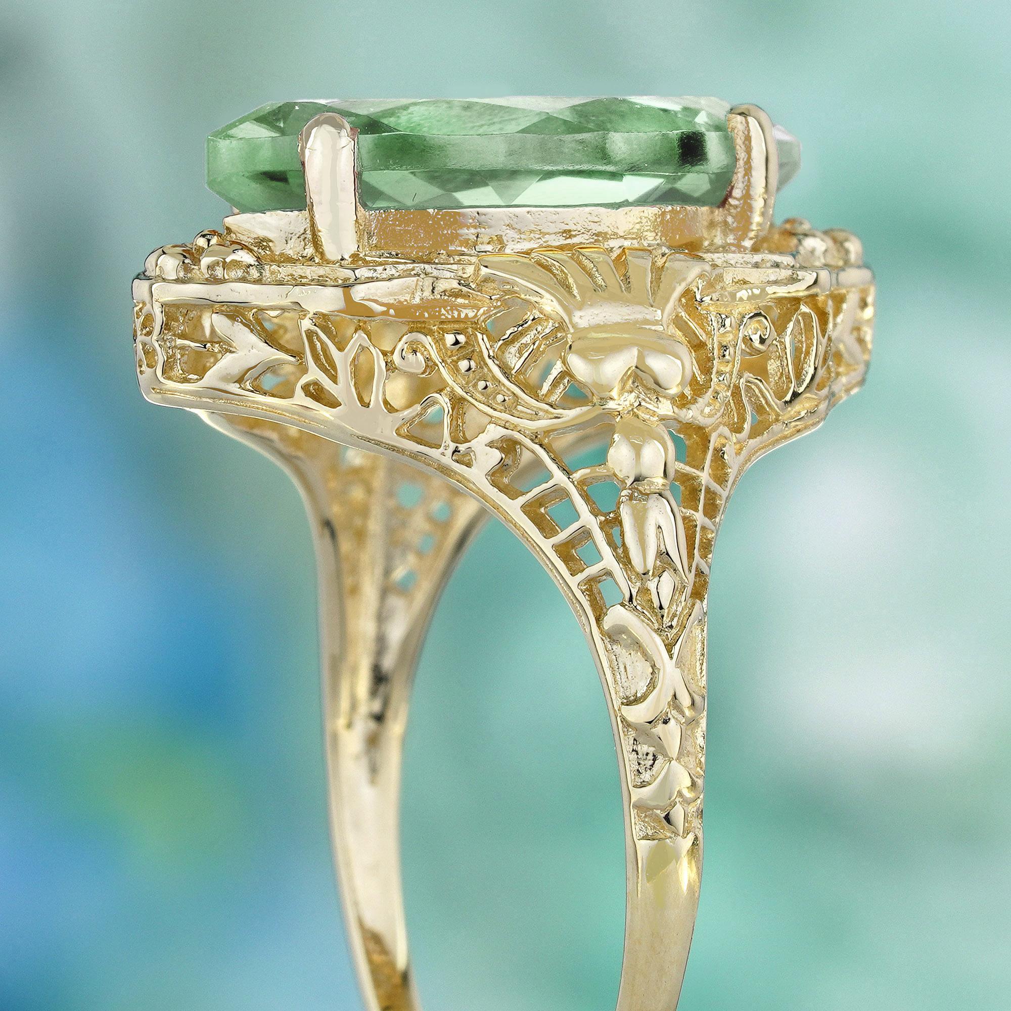 da uomo o donna Anello in filigrana stile vintage con ametista verde marquise naturale in oro massiccio 9 carati in vendita