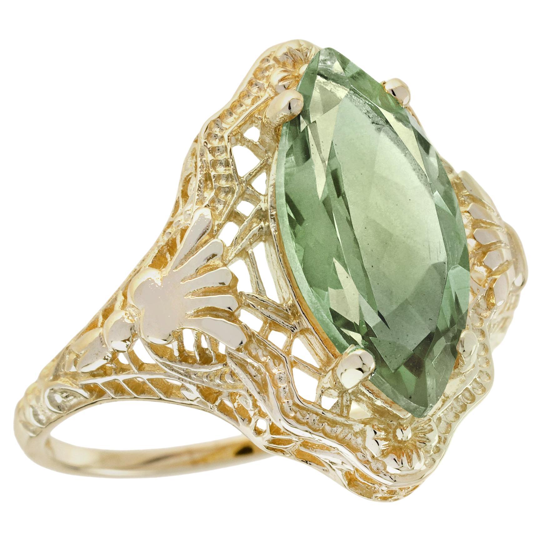 Natural Marquise Green Amethyst Vintage Style Filigree Ring in Solid 9K Gold