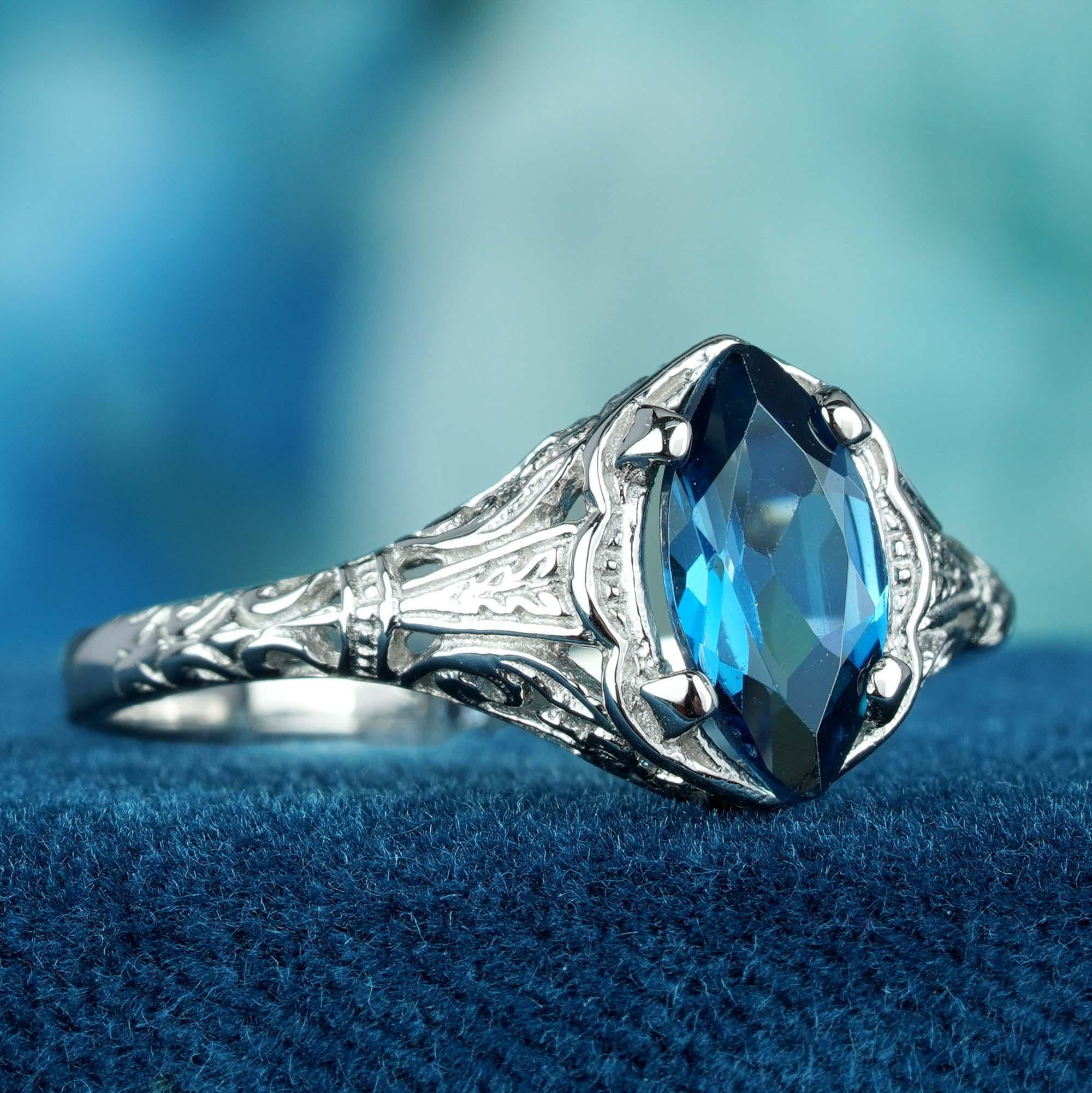 For Sale:  Natural Marquise London Blue Topaz Vintage Style Filigree Ring in Solid 9K White 2