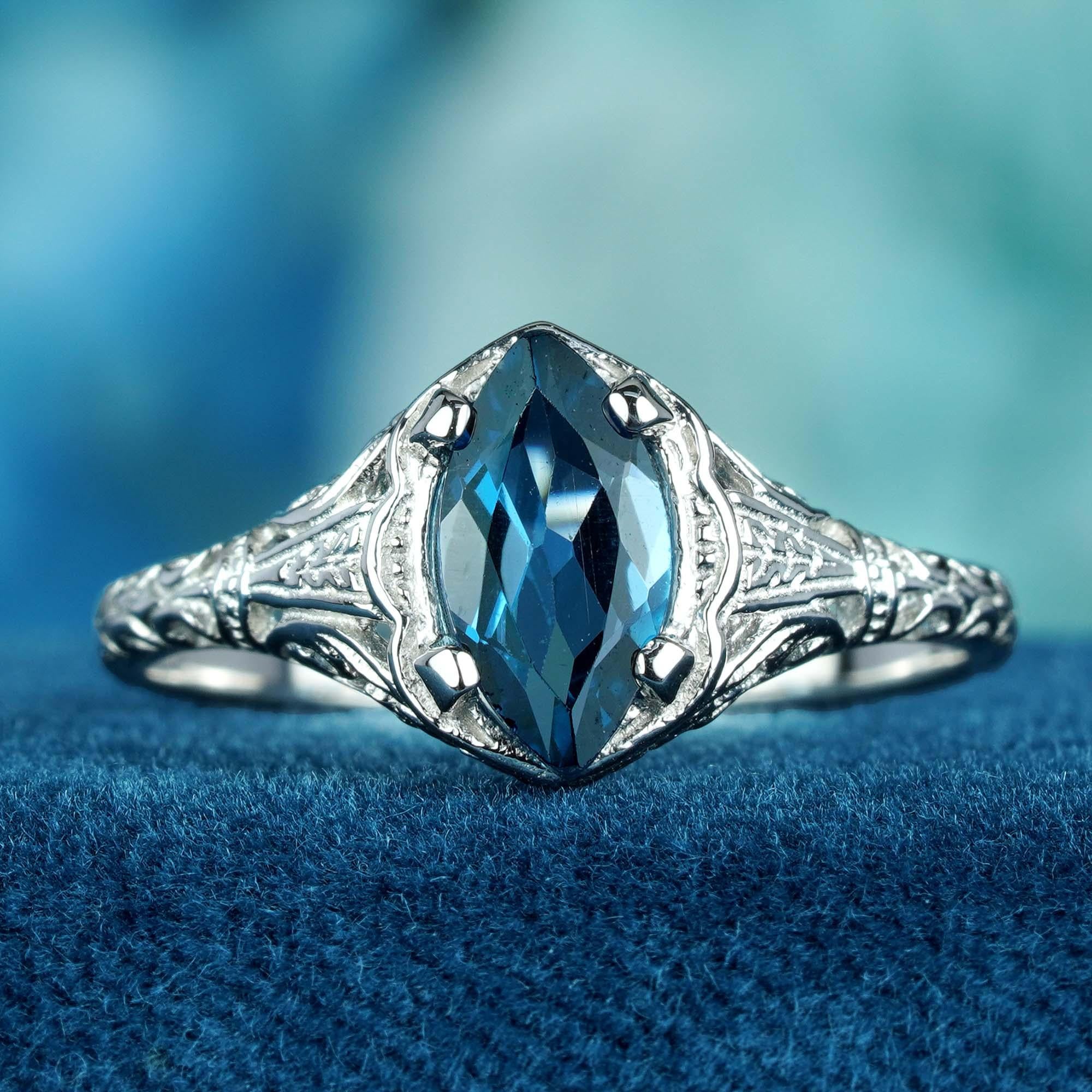For Sale:  Natural Marquise London Blue Topaz Vintage Style Filigree Ring in Solid 9K White 3