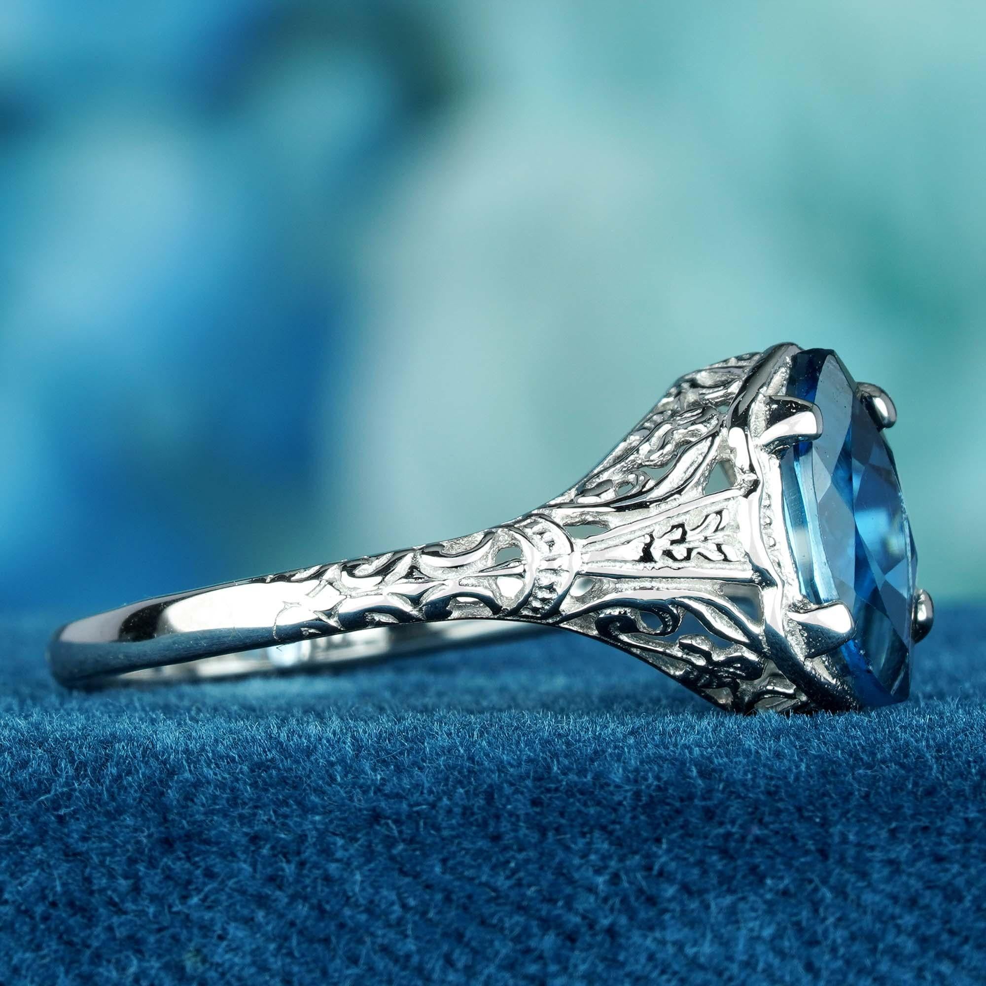 For Sale:  Natural Marquise London Blue Topaz Vintage Style Filigree Ring in Solid 9K White 4