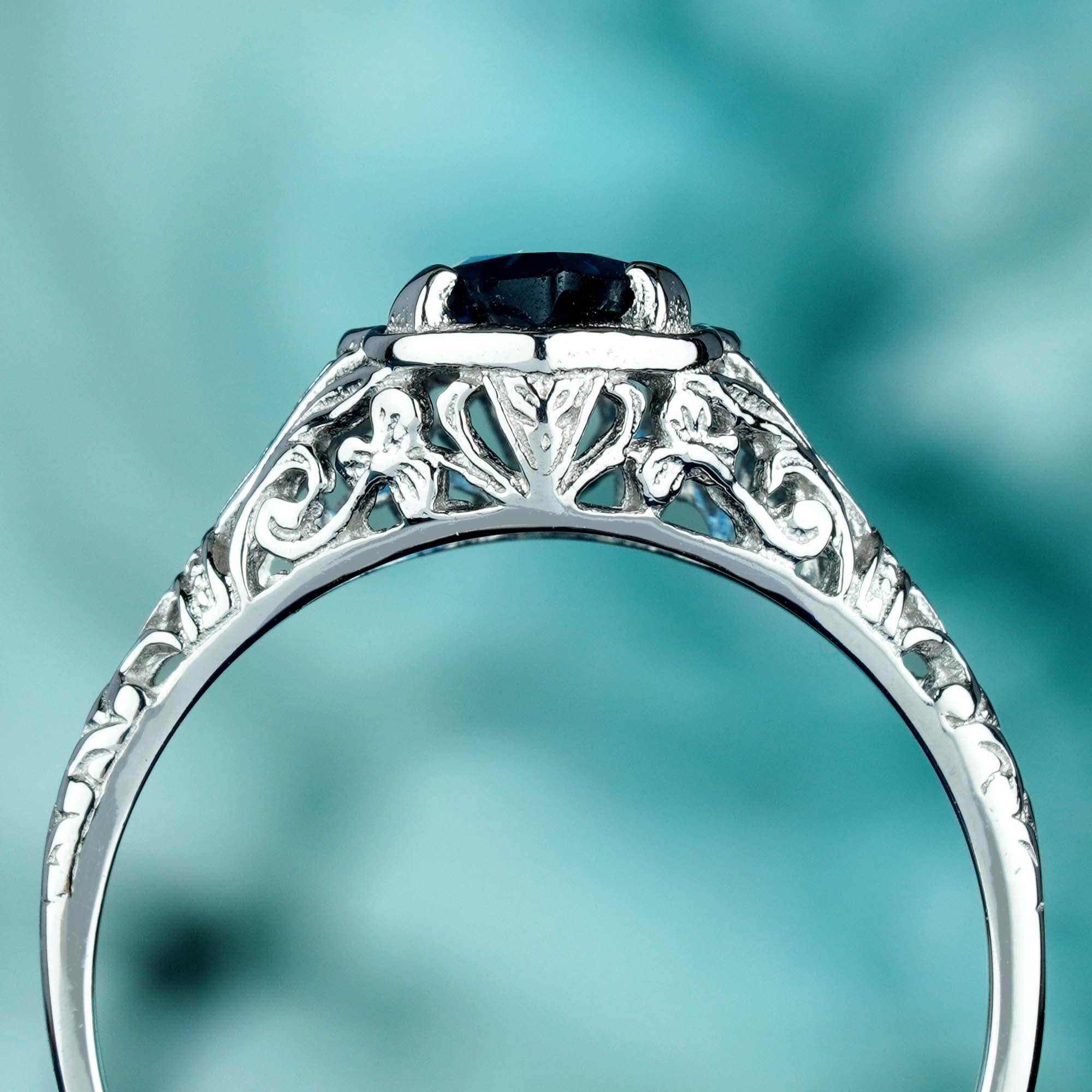 For Sale:  Natural Marquise London Blue Topaz Vintage Style Filigree Ring in Solid 9K White 5