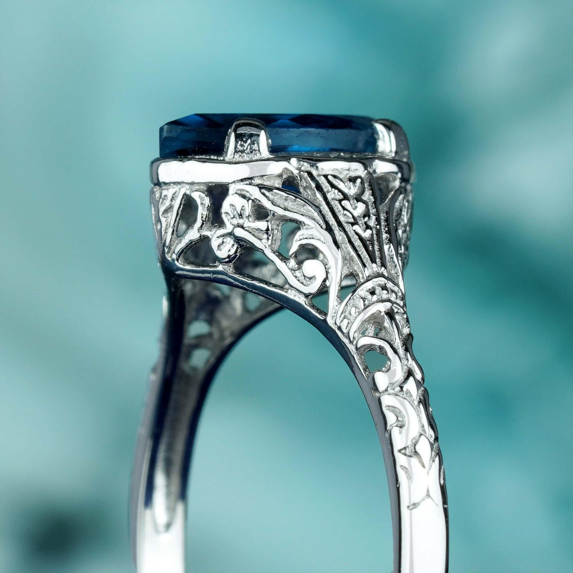 For Sale:  Natural Marquise London Blue Topaz Vintage Style Filigree Ring in Solid 9K White 6
