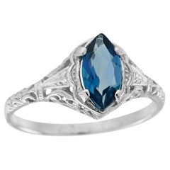 Natural Marquise London Blue Topaz Vintage Style Filigree Ring in Solid 9K White