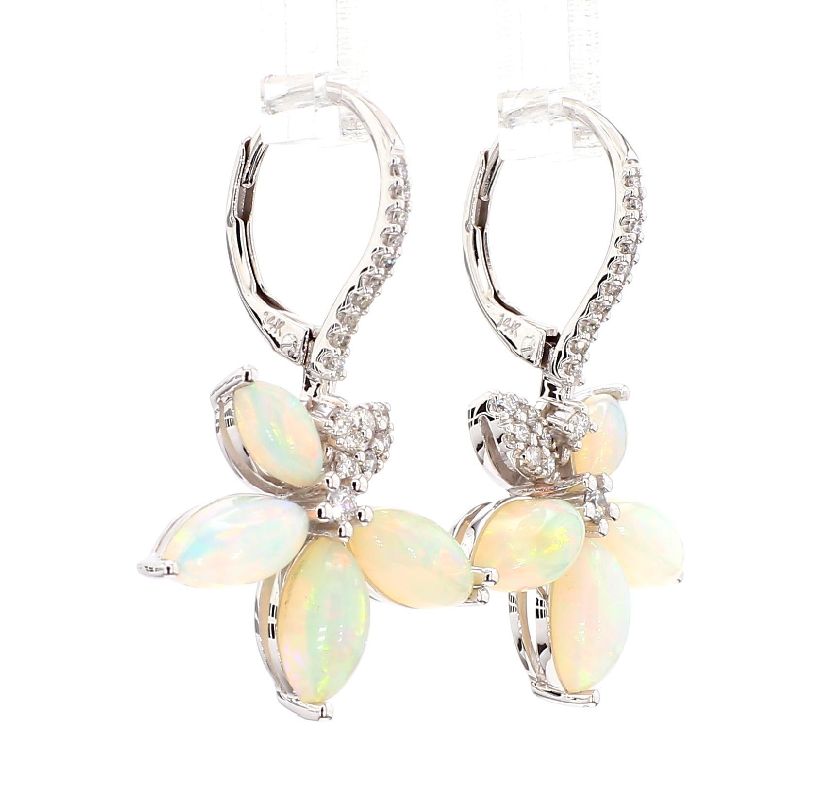 Contemporary Natural Marquise Opal and White Diamond 3.81 Carat TW White Gold Drop Earrings For Sale