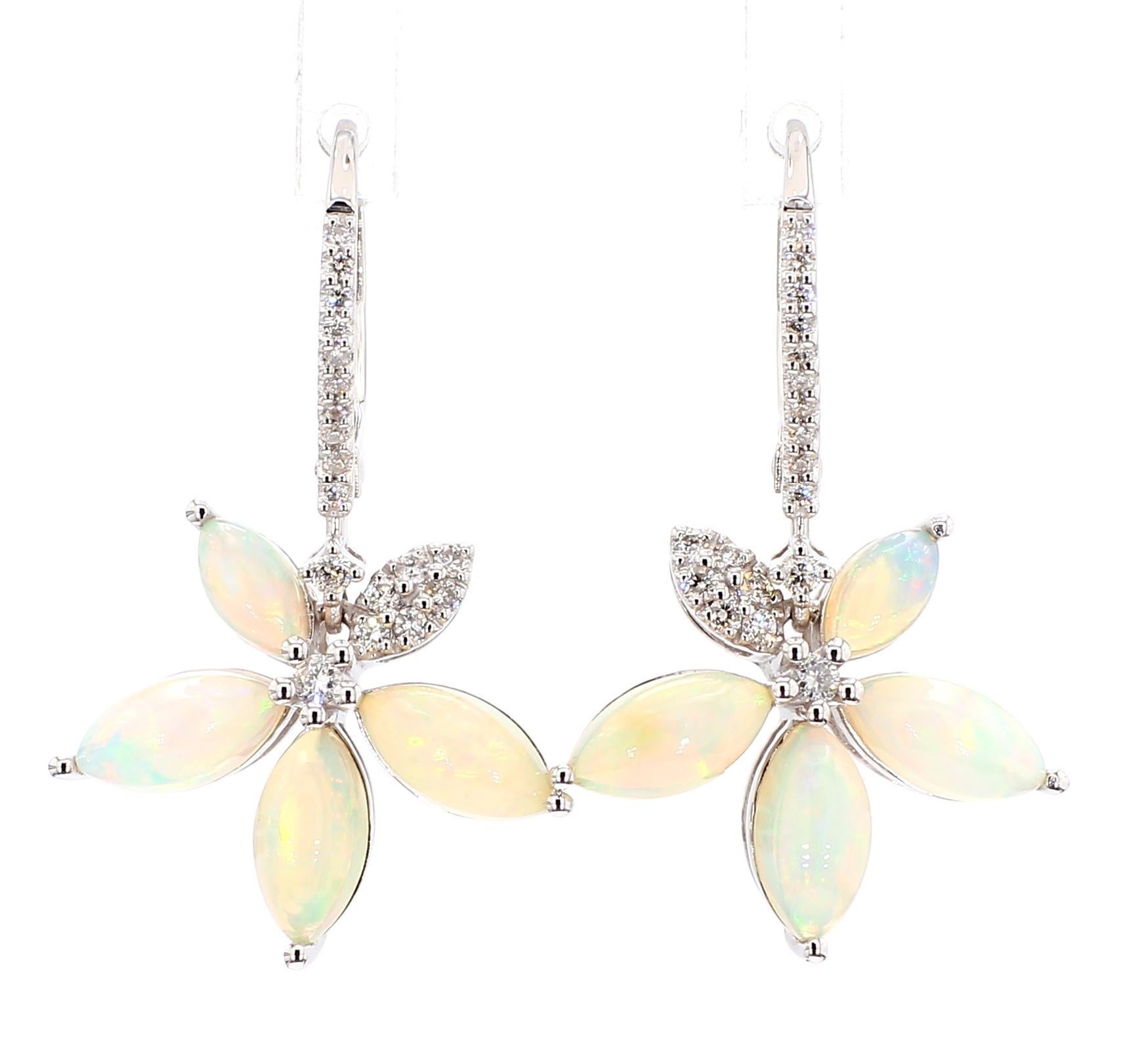 Marquise Cut Natural Marquise Opal and White Diamond 3.81 Carat TW White Gold Drop Earrings For Sale
