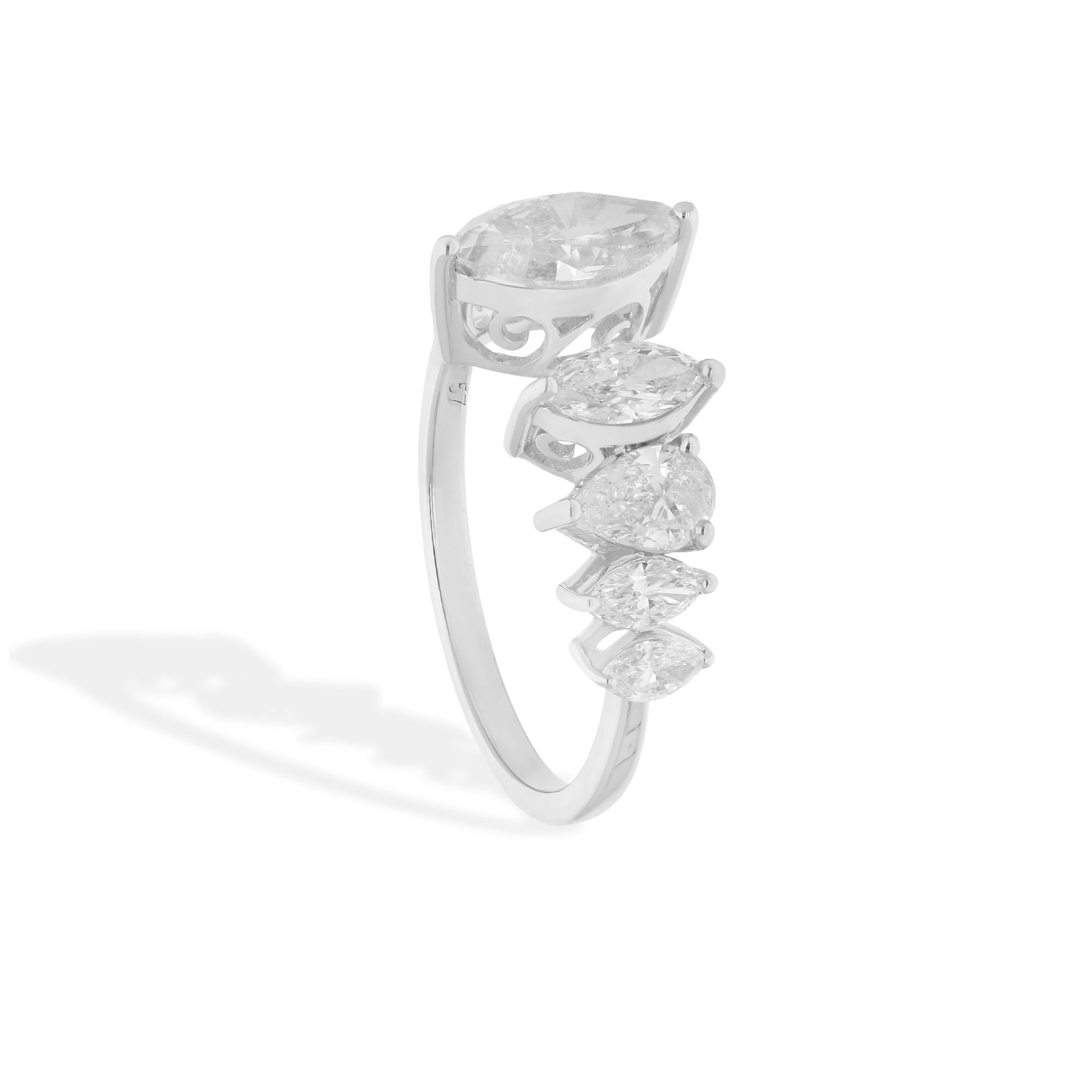 Modern Natural Marquise & Pear Diamond Cuff Ring 14 Karat White Gold Handmade Jewelry For Sale