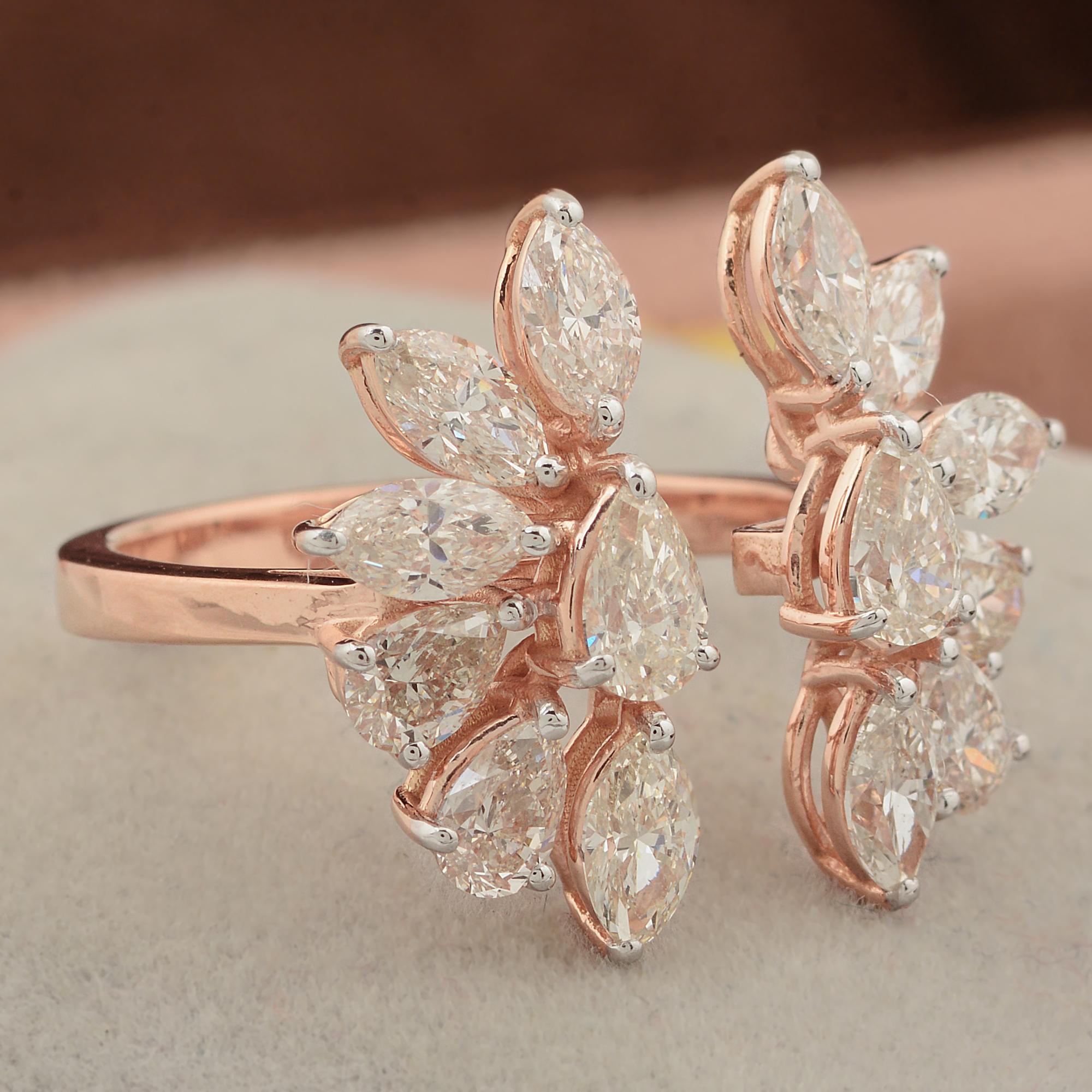 Women's Natural Marquise & Pear Diamond Ring 18 Karat Rose Gold Handmade Fine Jewelry For Sale