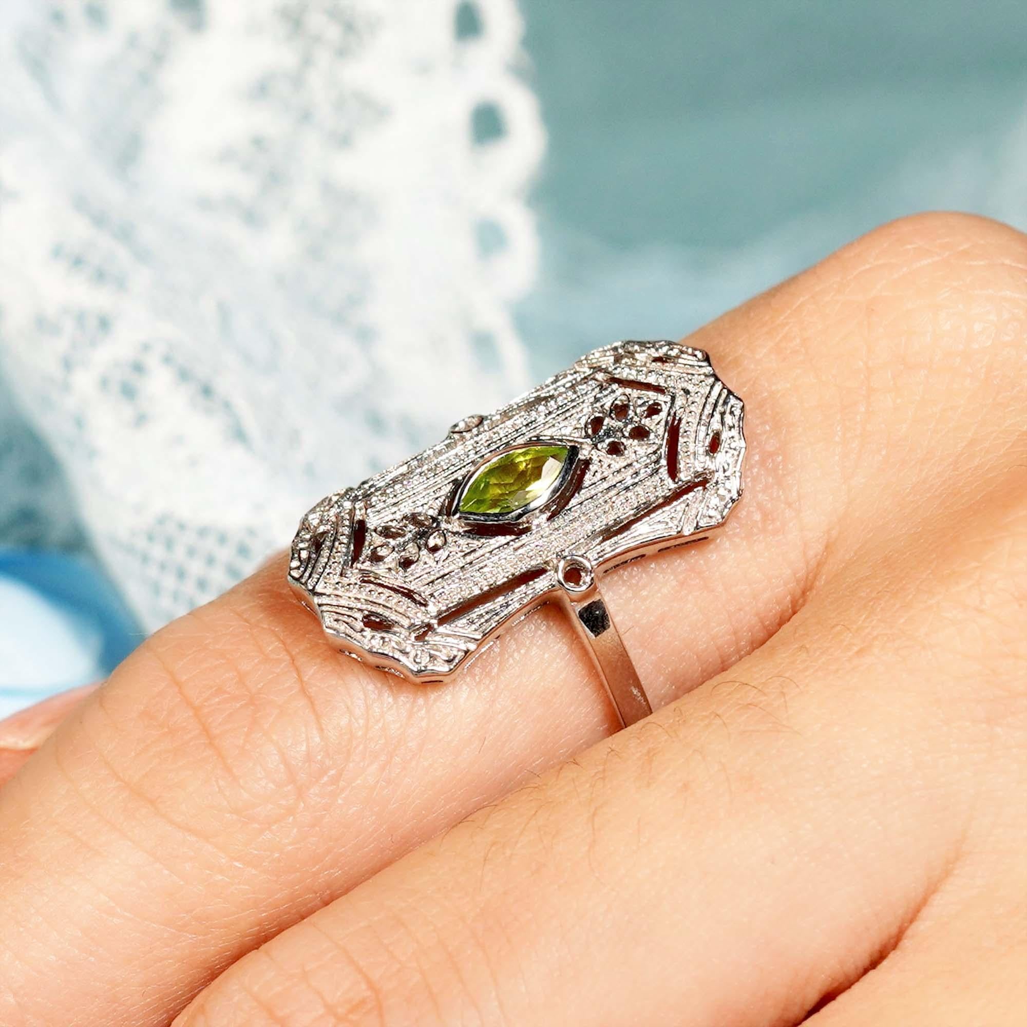 For Sale:  Natural Marquise Peridot Vintage Style Dinner Ring in Solid 9K White Gold 10