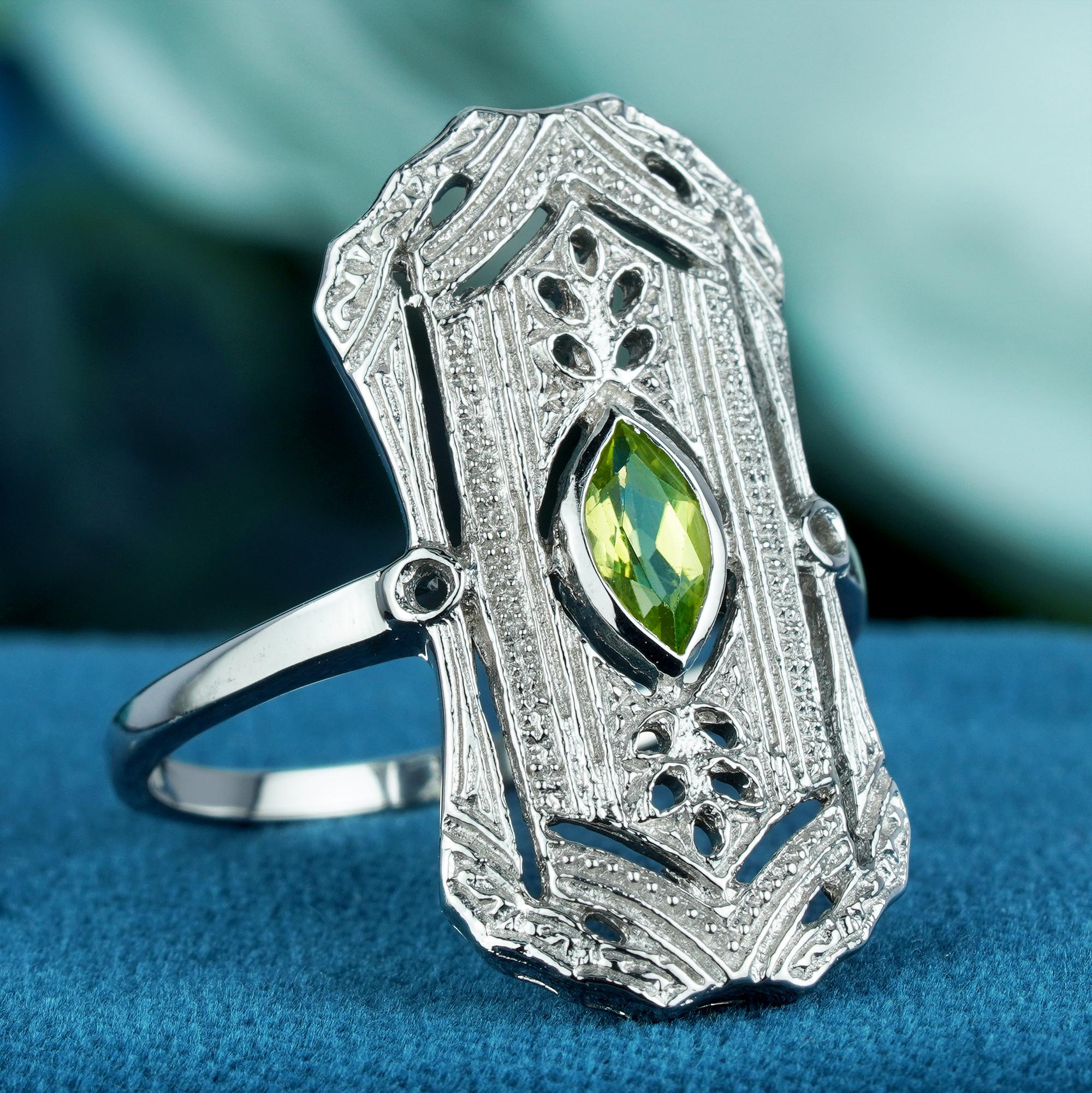 For Sale:  Natural Marquise Peridot Vintage Style Dinner Ring in Solid 9K White Gold 3