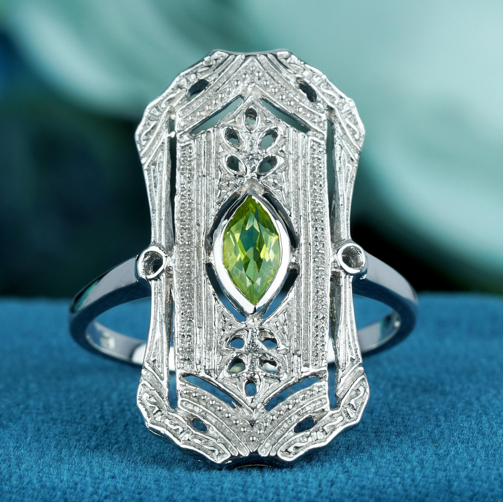 For Sale:  Natural Marquise Peridot Vintage Style Dinner Ring in Solid 9K White Gold 2