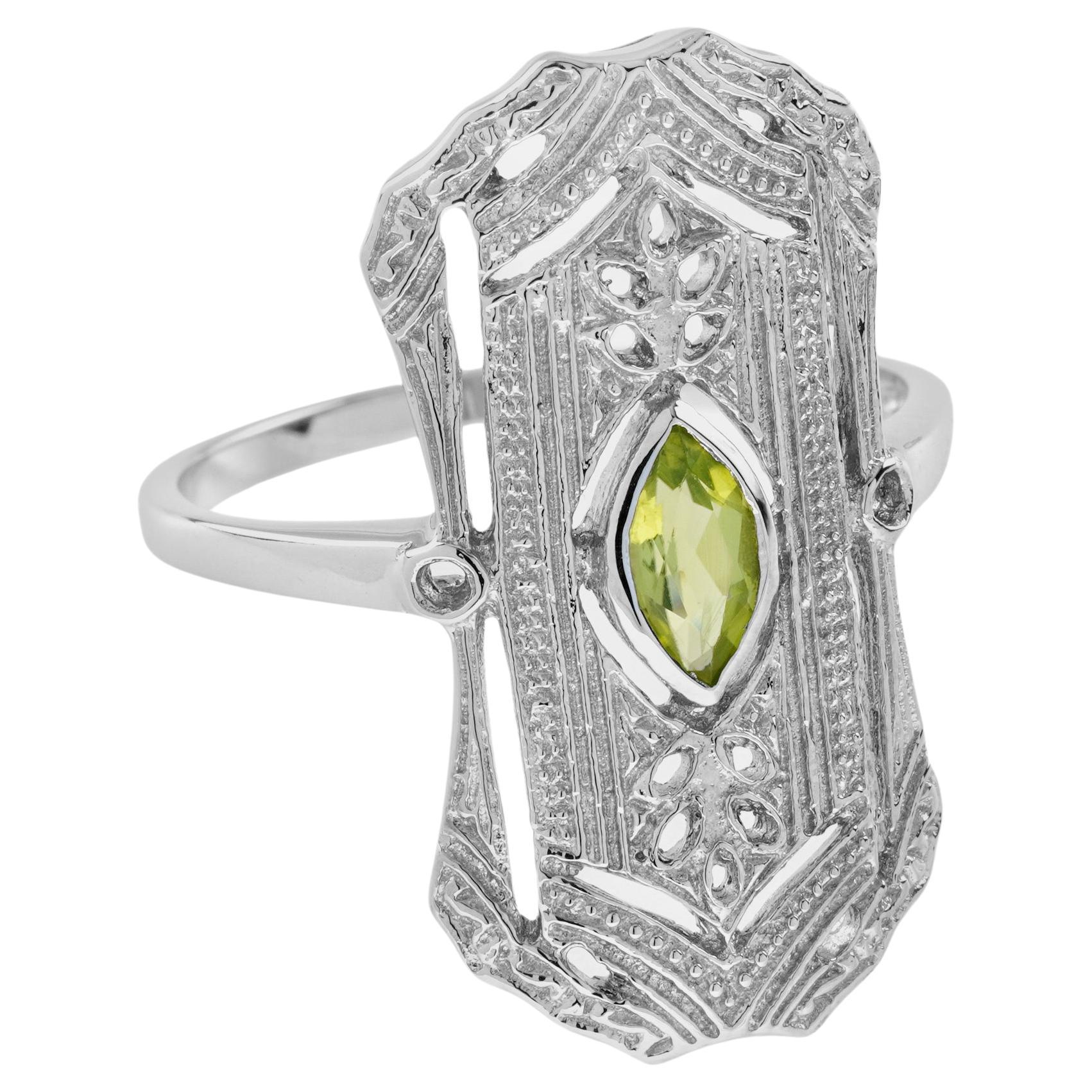 Natural Marquise Peridot Vintage Style Dinner Ring in Solid 9K White Gold