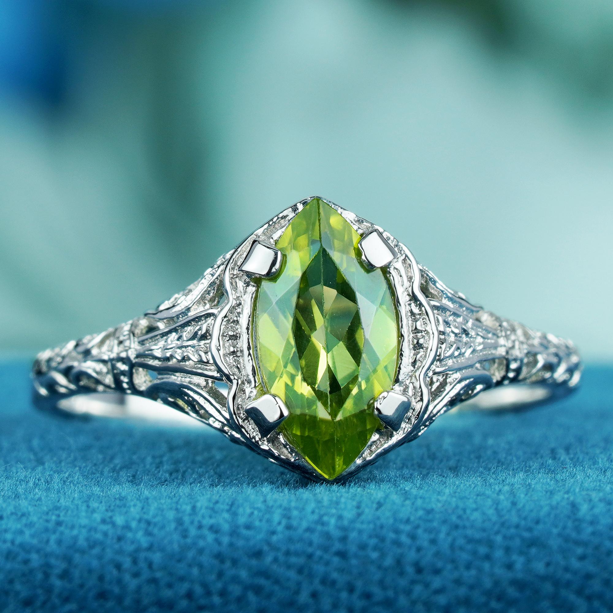For Sale:  Natural Marquise Peridot Vintage Style Filigree Ring in Solid 9K White Gold 2