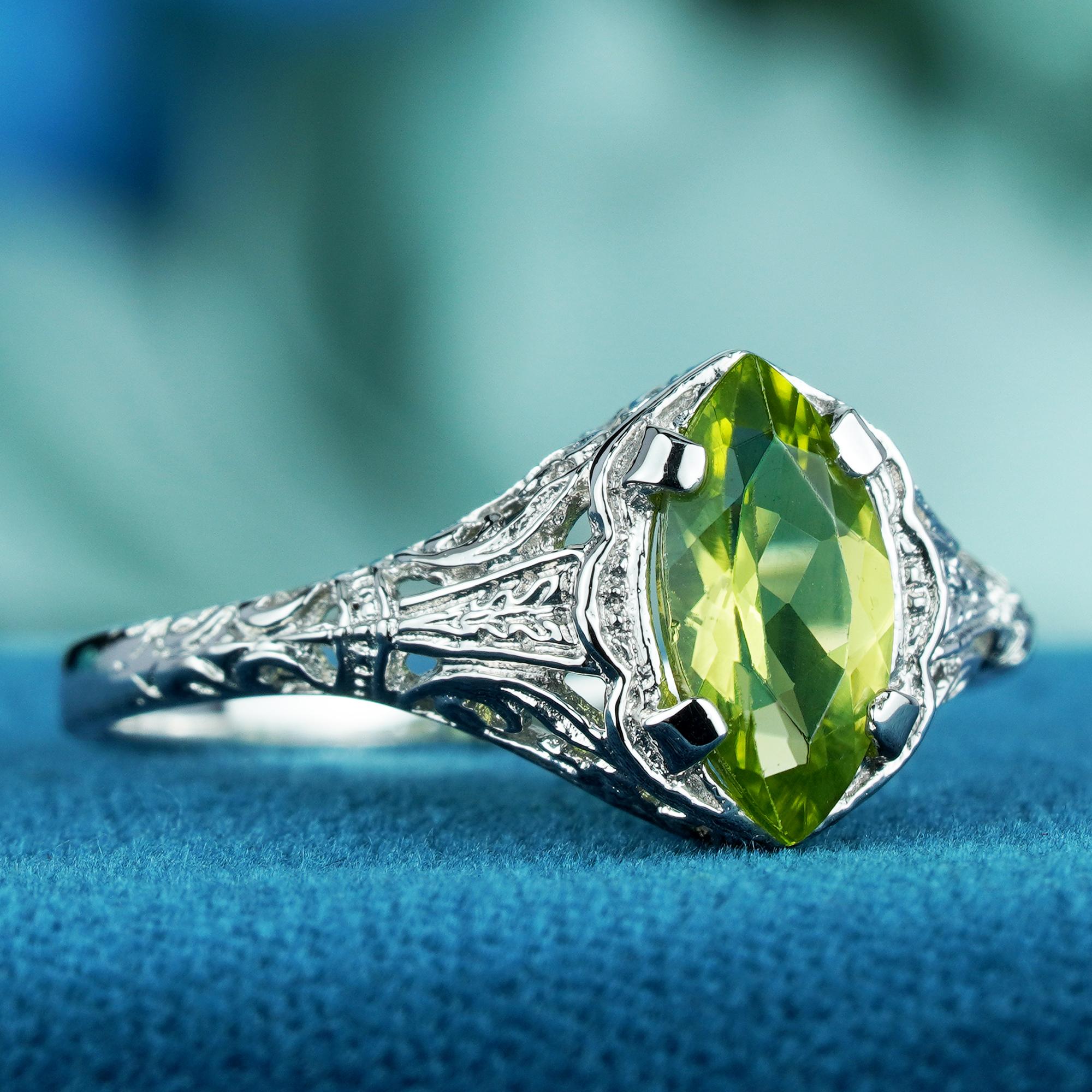 For Sale:  Natural Marquise Peridot Vintage Style Filigree Ring in Solid 9K White Gold 3