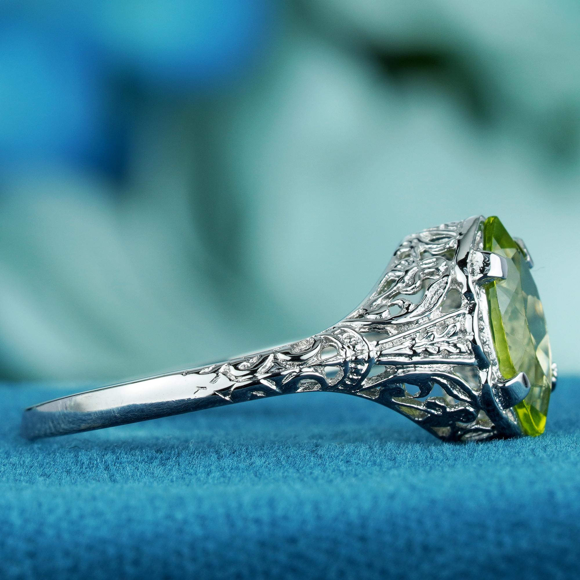 For Sale:  Natural Marquise Peridot Vintage Style Filigree Ring in Solid 9K White Gold 4