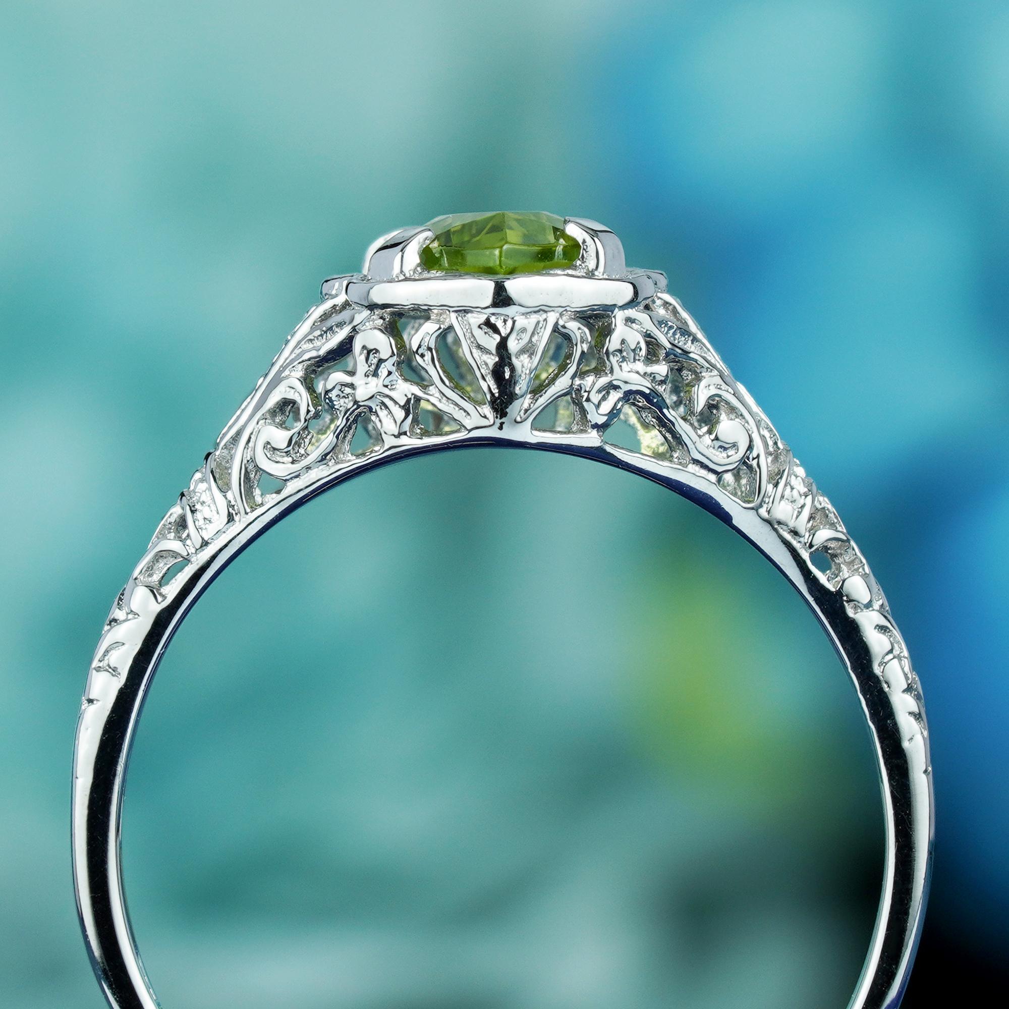 For Sale:  Natural Marquise Peridot Vintage Style Filigree Ring in Solid 9K White Gold 5