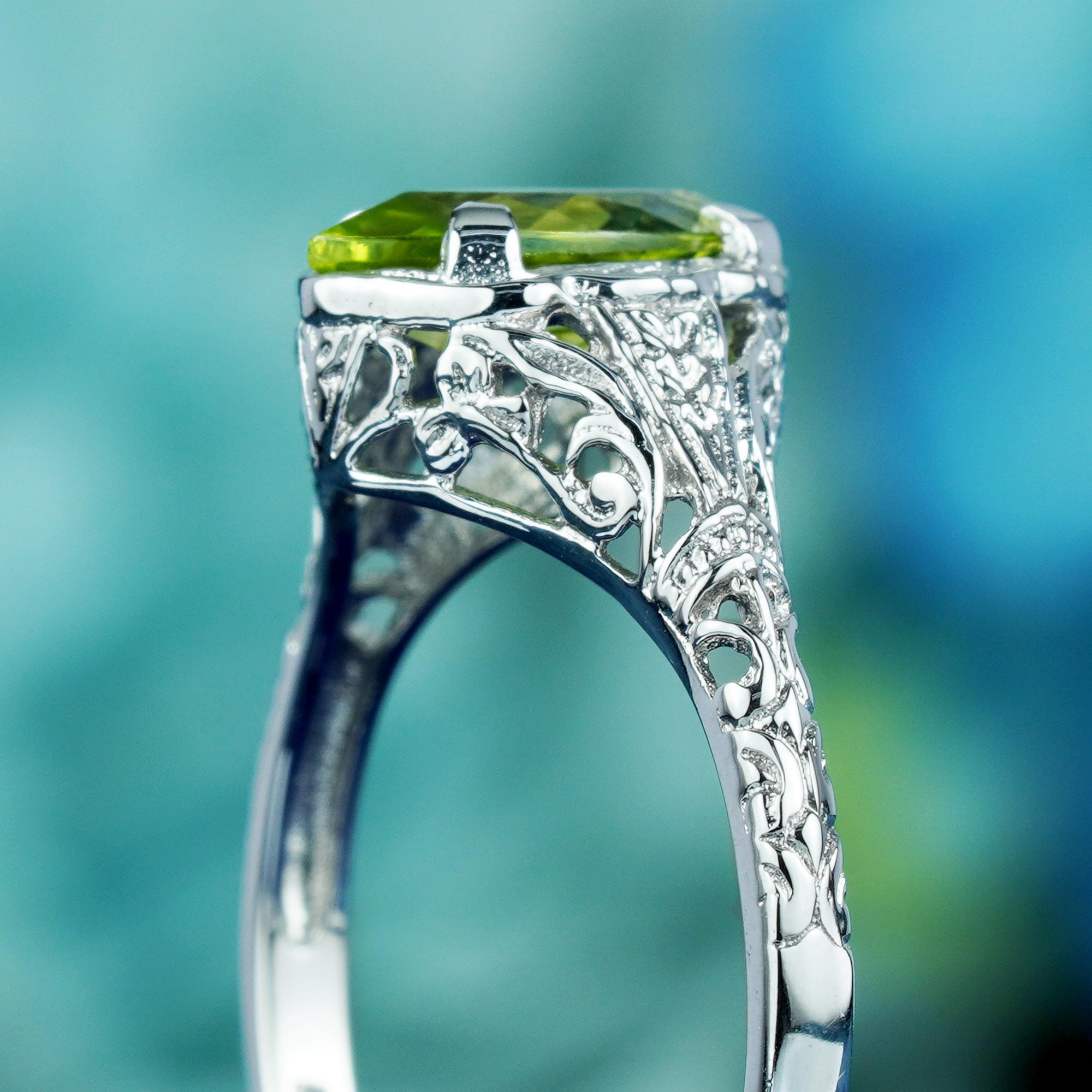 For Sale:  Natural Marquise Peridot Vintage Style Filigree Ring in Solid 9K White Gold 6
