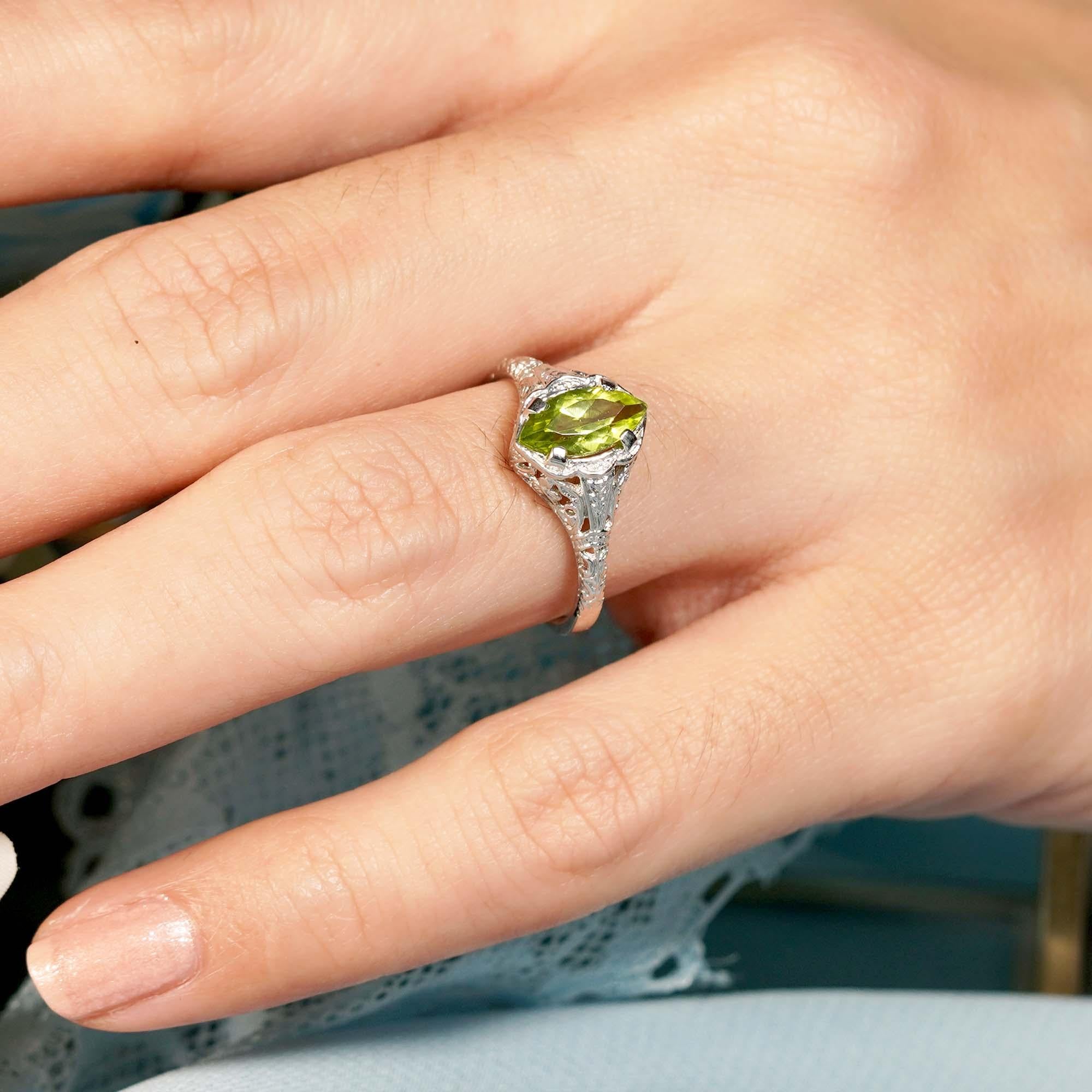 For Sale:  Natural Marquise Peridot Vintage Style Filigree Ring in Solid 9K White Gold 8