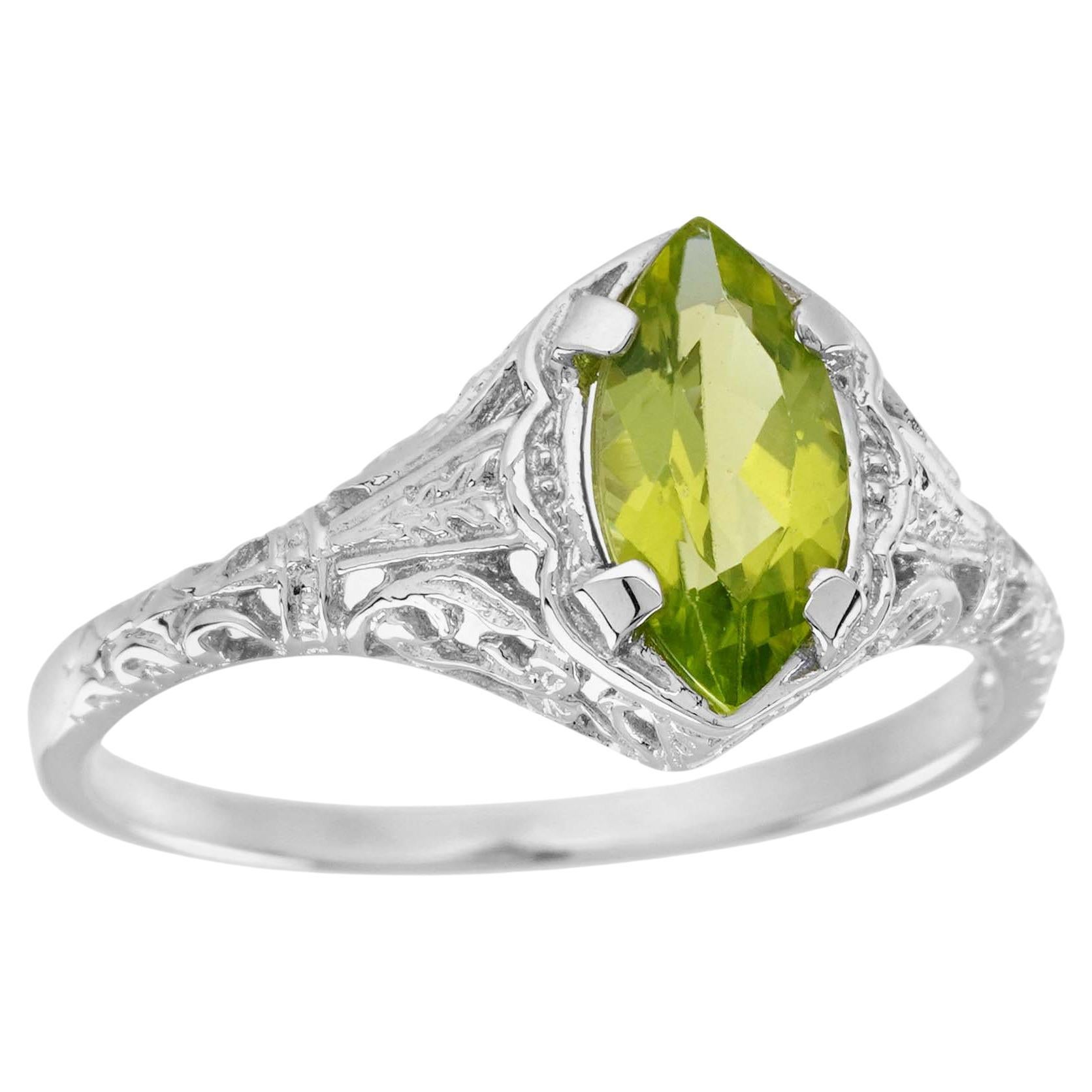 For Sale:  Natural Marquise Peridot Vintage Style Filigree Ring in Solid 9K White Gold
