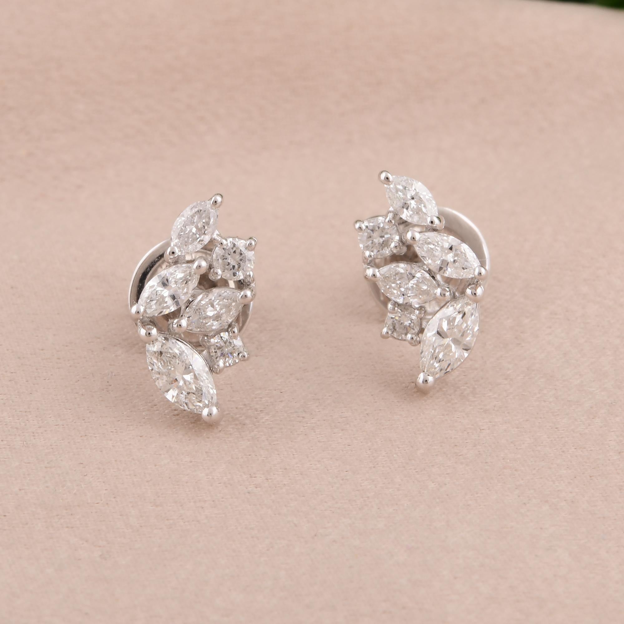 Women's Natural Marquise & Round Diamond Stud Earrings 18 Karat White Gold Fine Jewelry For Sale
