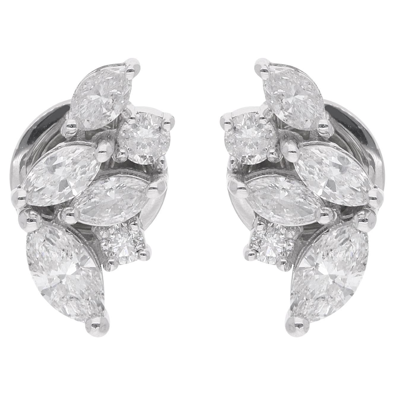 Natural Marquise 
Round Diamond Stud Earrings 18 Karat White Gold Fine Jewelry For Sale