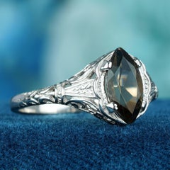 Natural Marquise Smoke Quartz Vintage Style Filigree Ring in Solid 9K White Gold