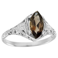 Natural Marquise Smoke Quartz Vintage Style Filigree Ring in Solid 9K White Gold