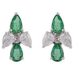 Pendientes de oro blanco de 18 quilates con esmeralda y diamantes, piedra natural del mes de mayo