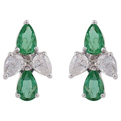 Natural May Birthstone Emerald Diamond Stud Earrings for Her 18 Karat White Gold