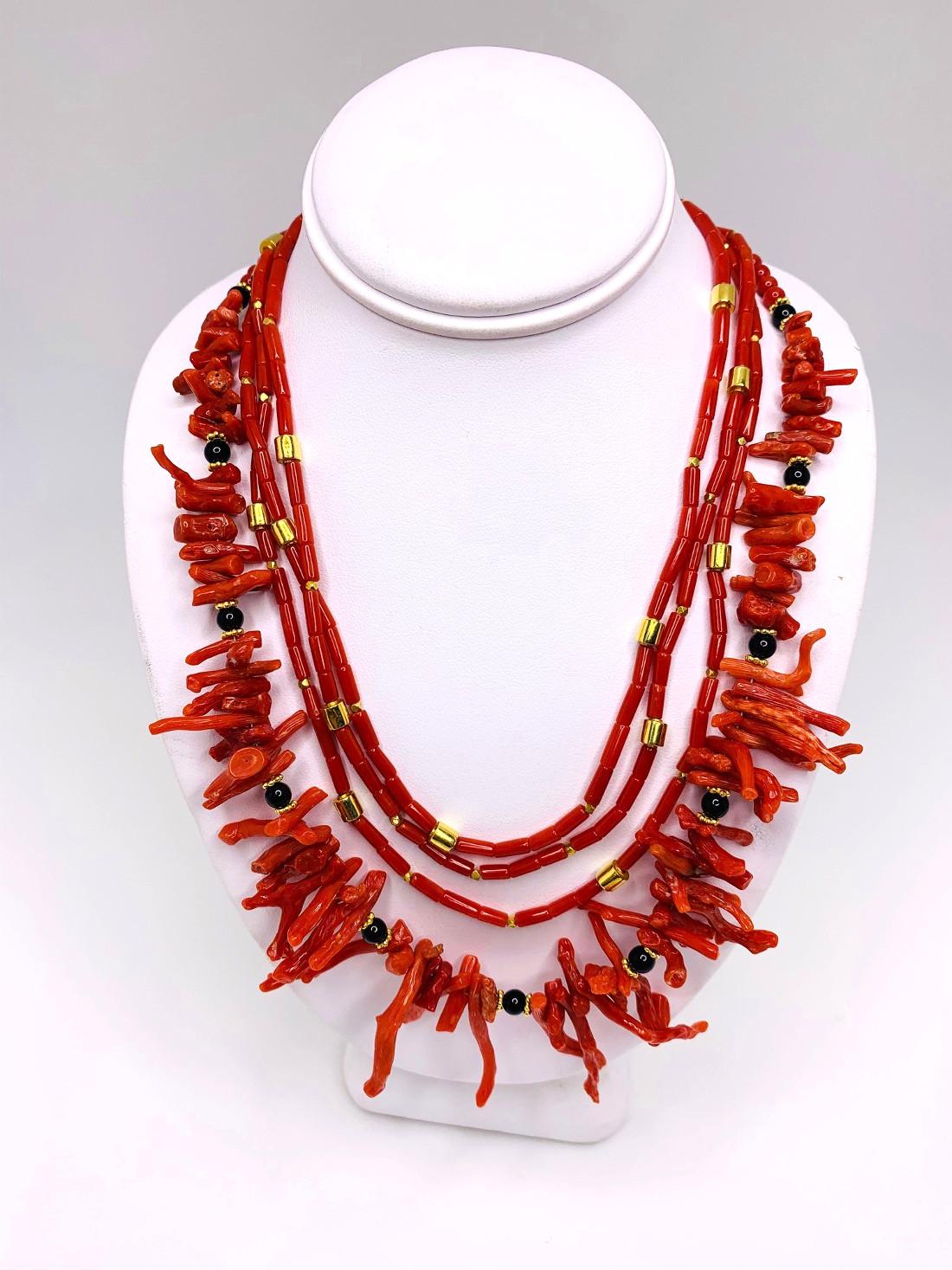 18-Inch Natural Mediterranean Red Coral Branch & Onyx Bead Necklace w/ 22k Gold 2